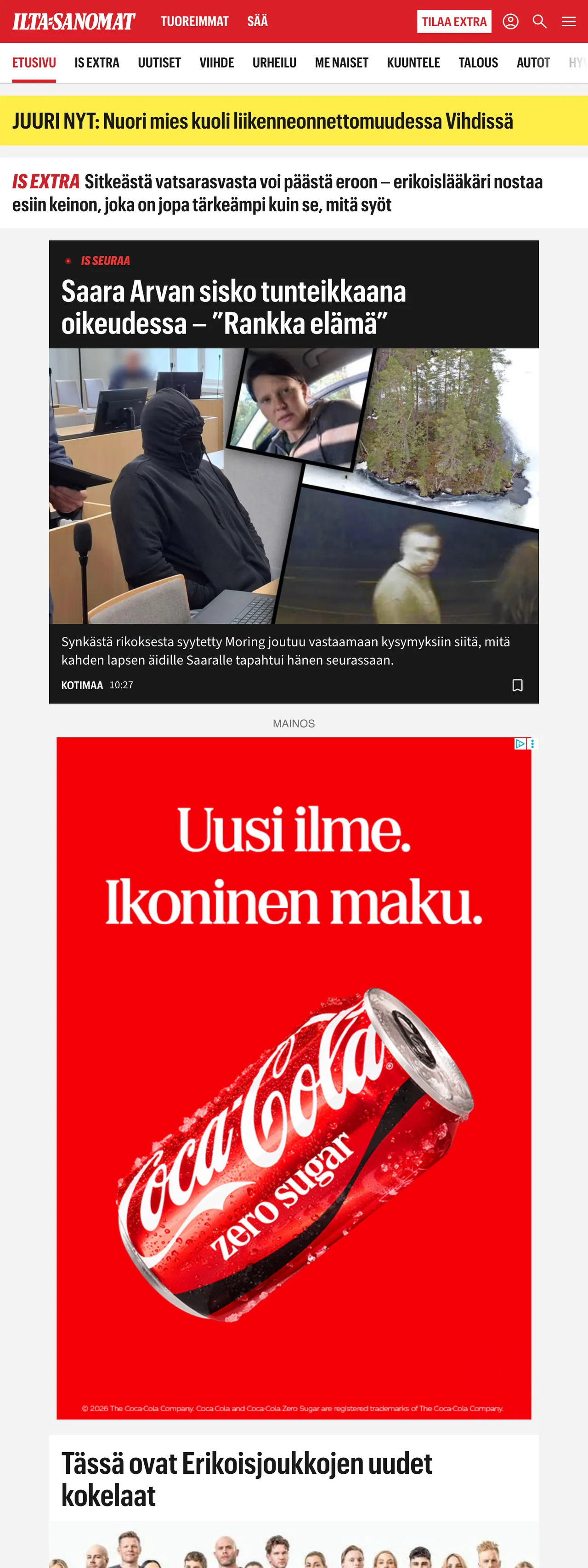 Screenshot of the Ilta-Sanomat front page