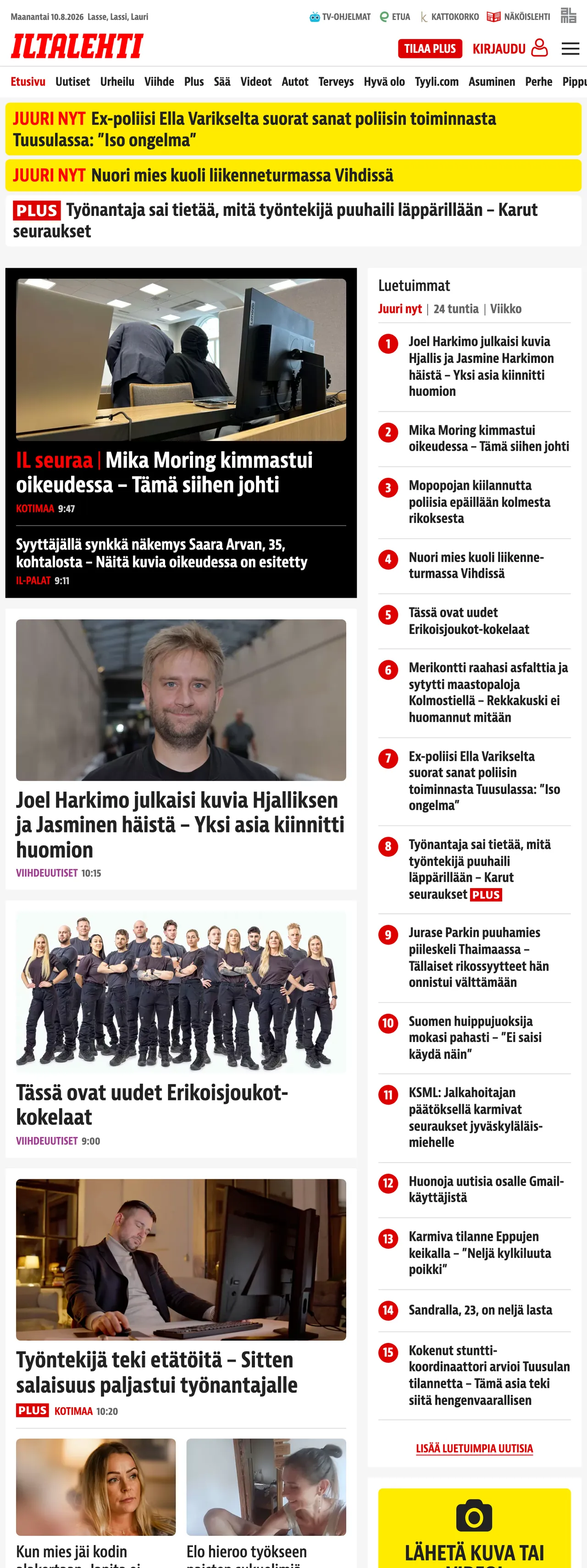 Screenshot of the Iltalehti front page