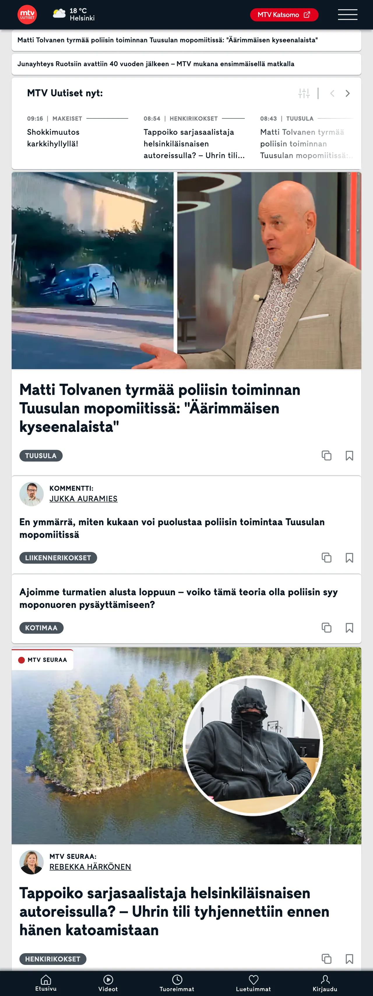 Screenshot of the MTV Uutiset front page
