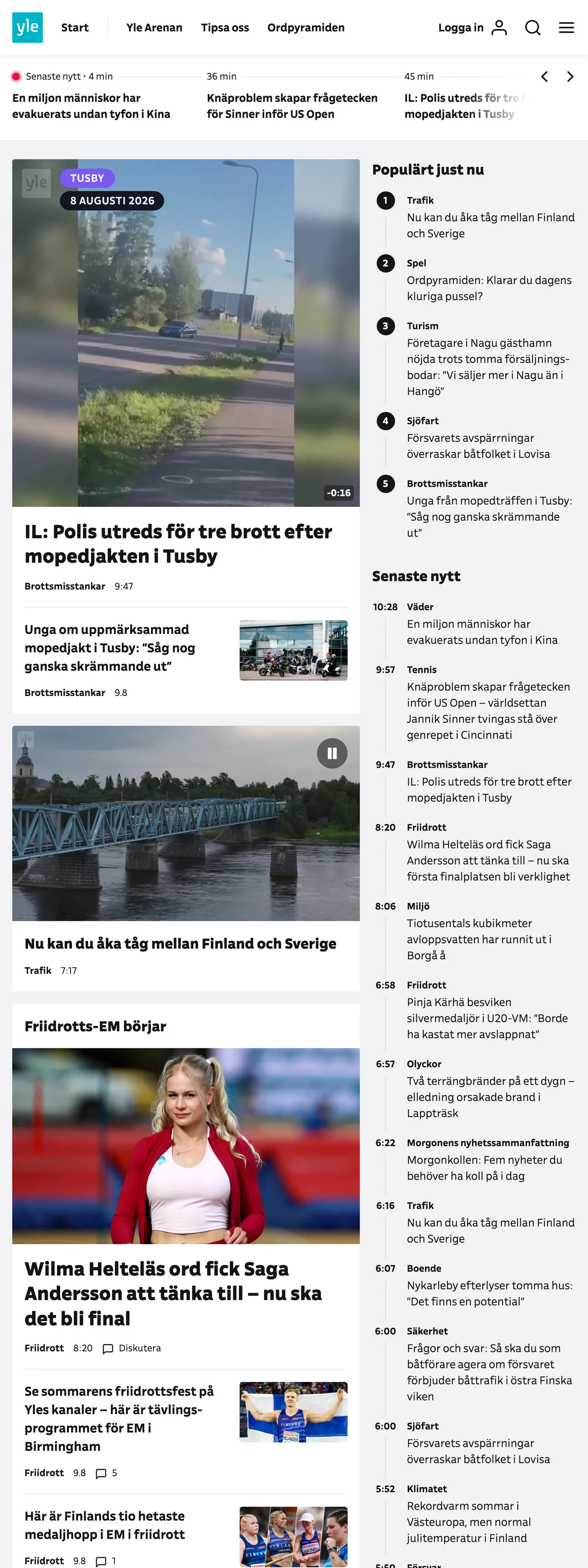 Screenshot of the Svenska Yle front page