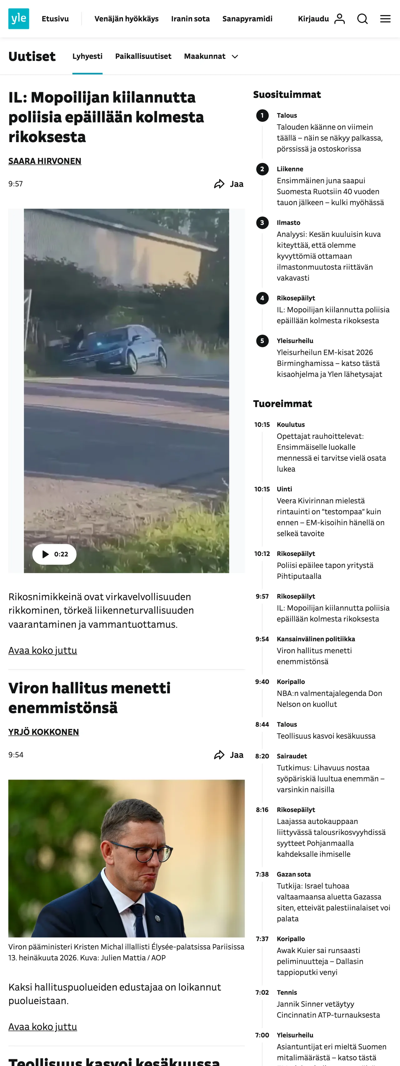 Screenshot of the Yle front page