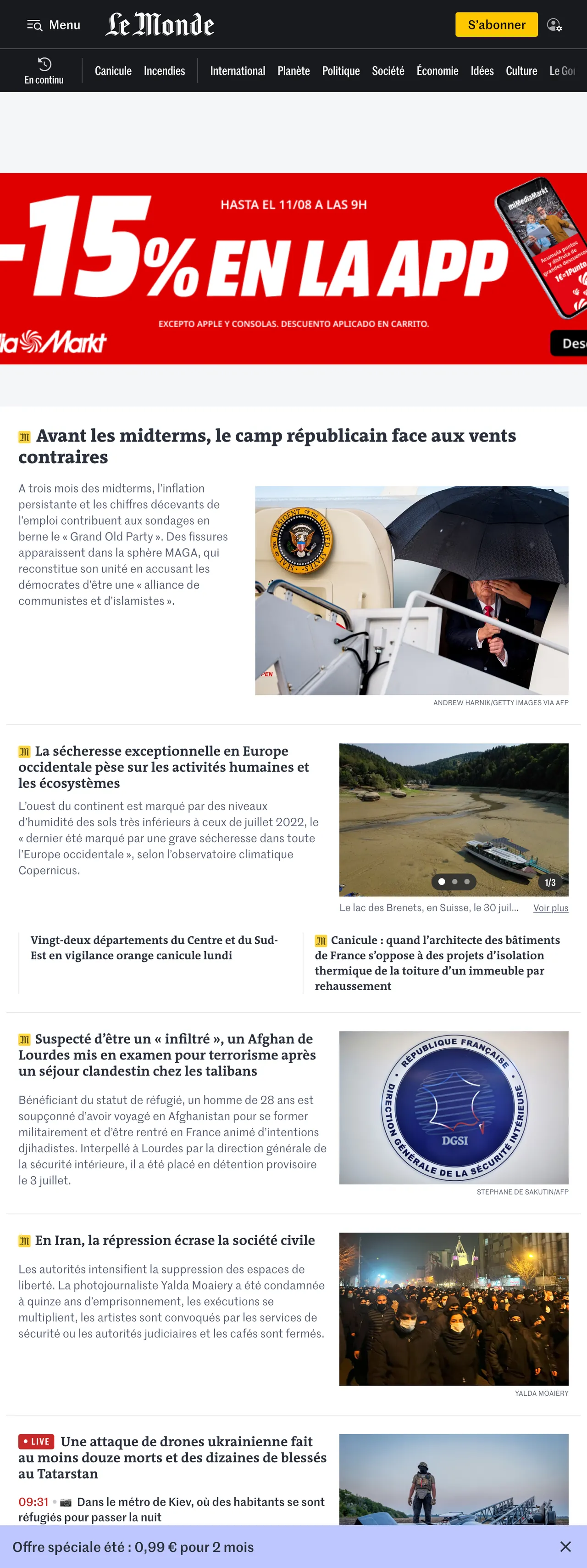 Screenshot of the Le Monde front page