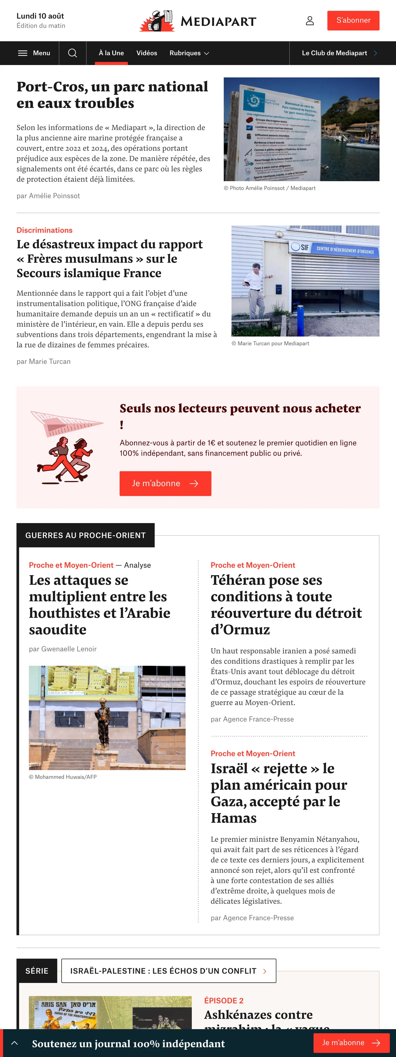 Screenshot of the Mediapart front page