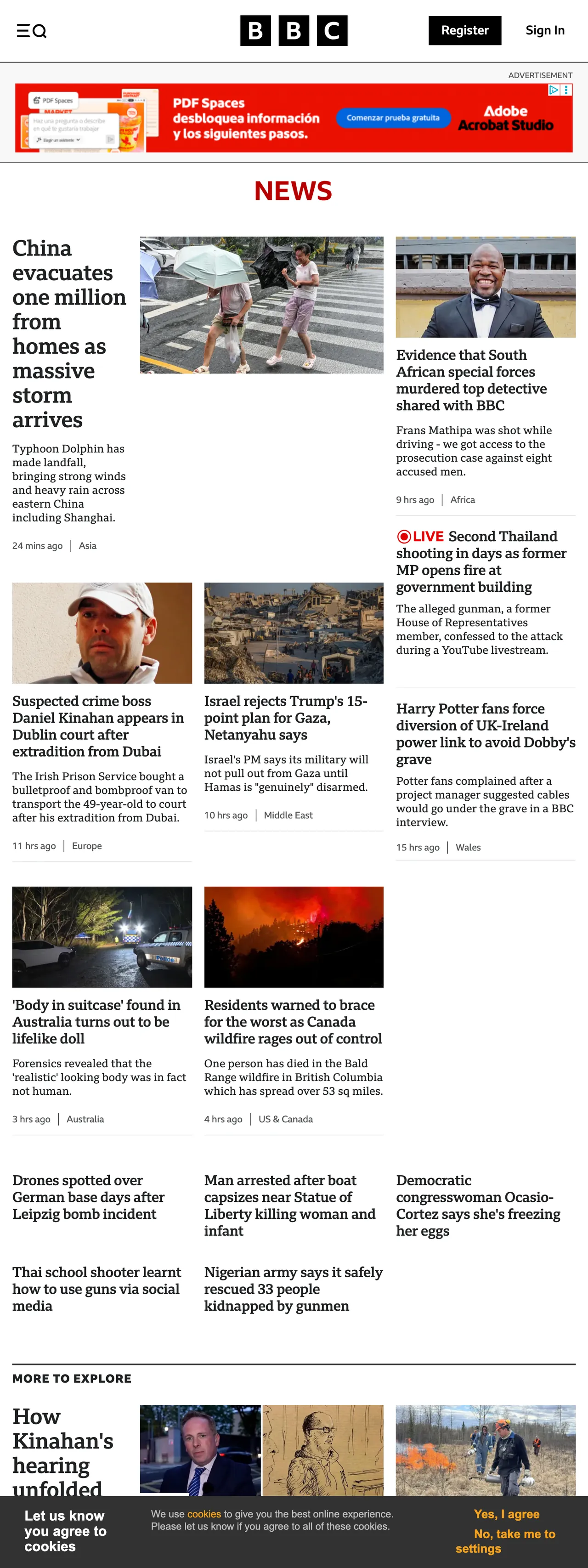 Screenshot of the BBC News front page