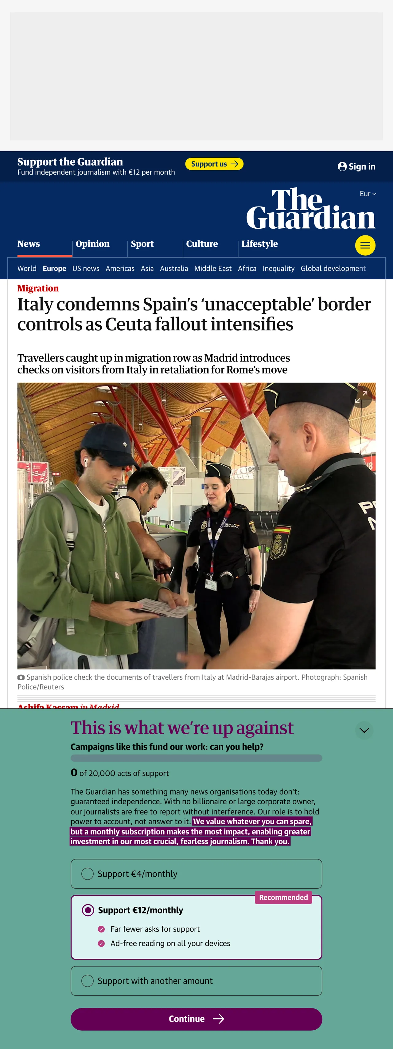 Screenshot of the The Guardian front page