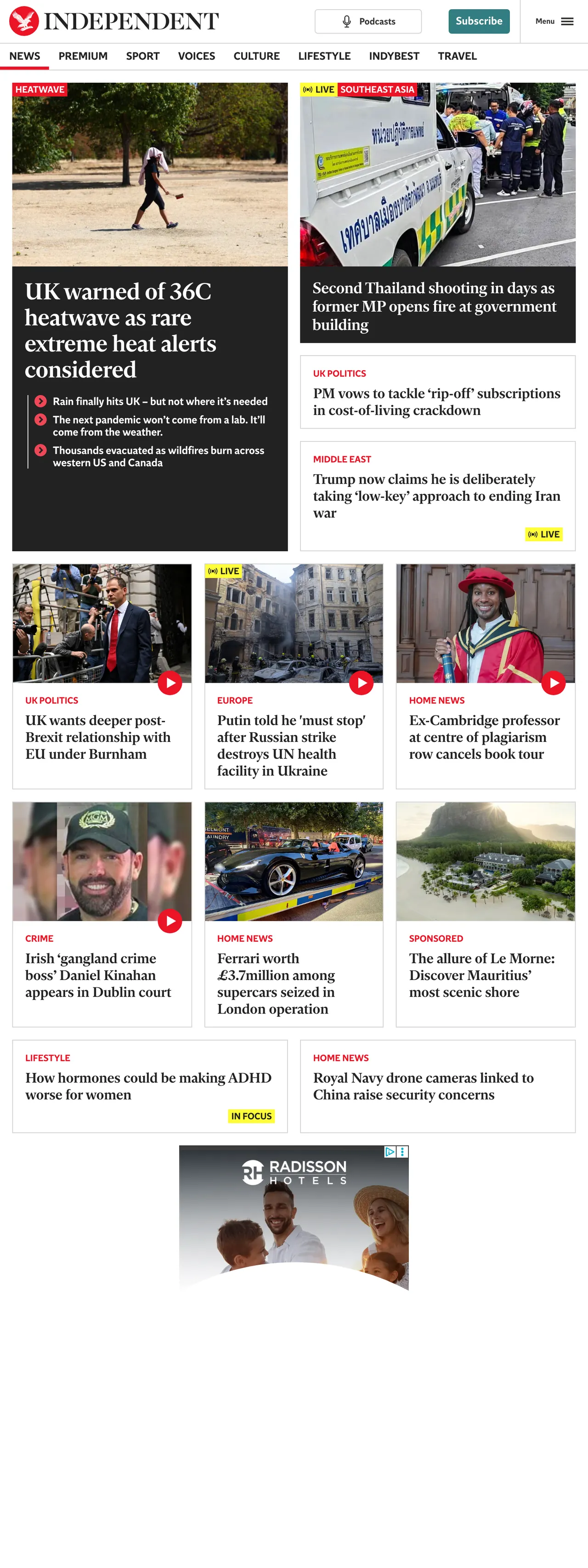 Screenshot of the The Independent front page