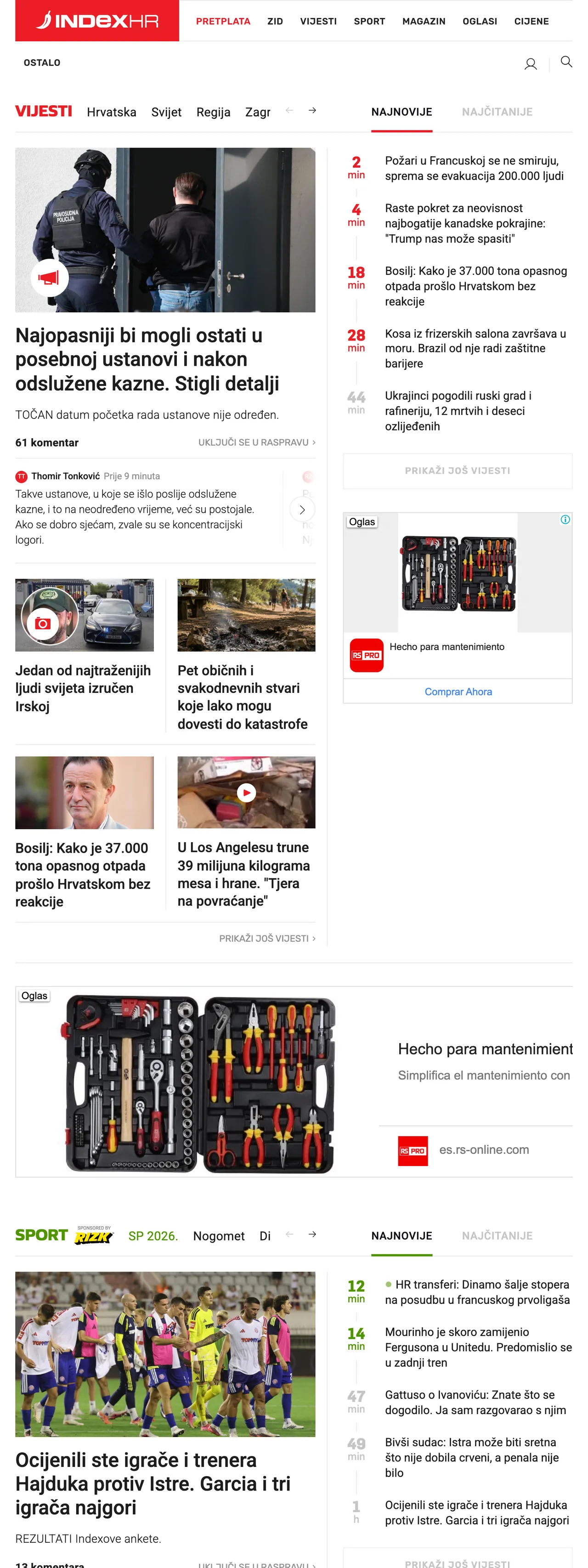 Screenshot of the Index.hr front page