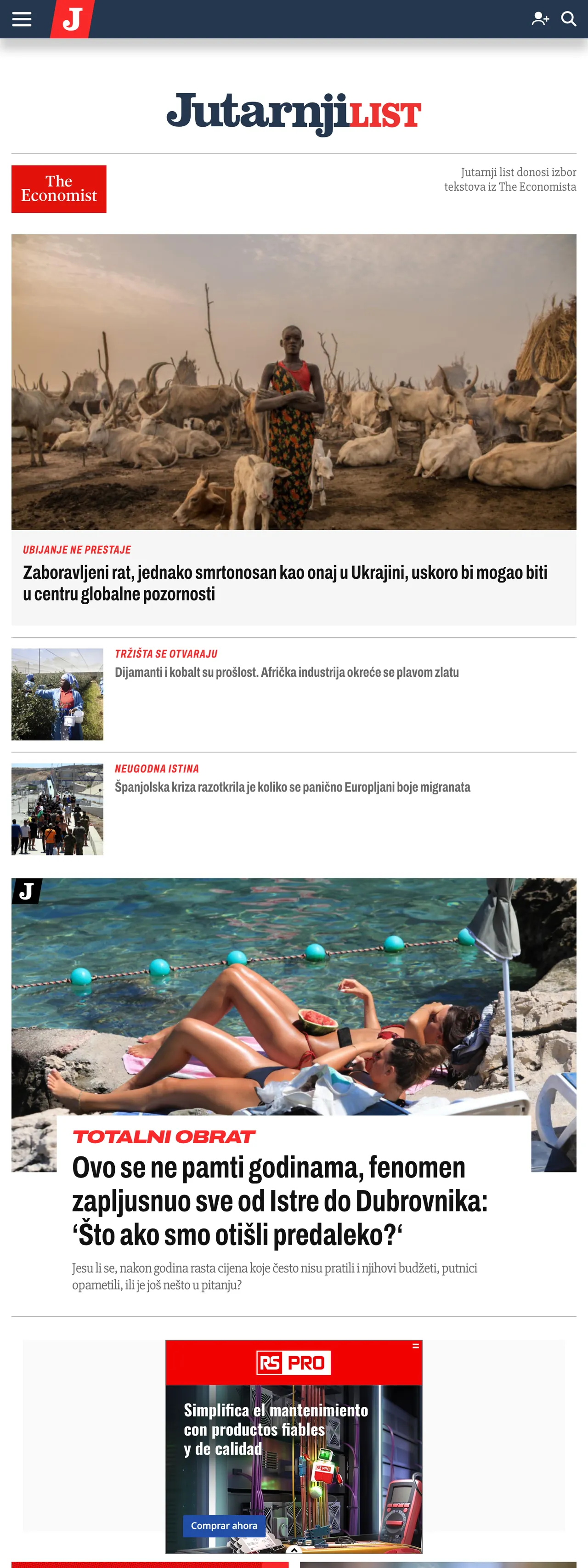 Screenshot of the Jutarnji list front page