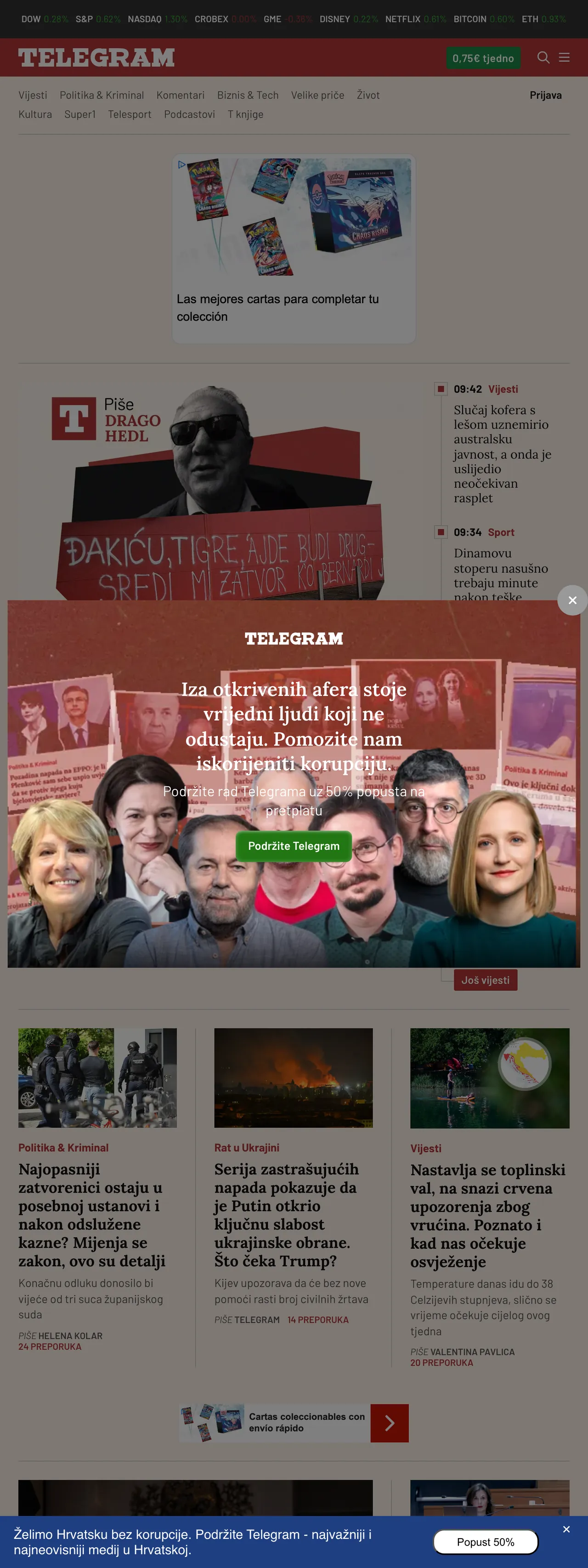 Screenshot of the Telegram.hr front page