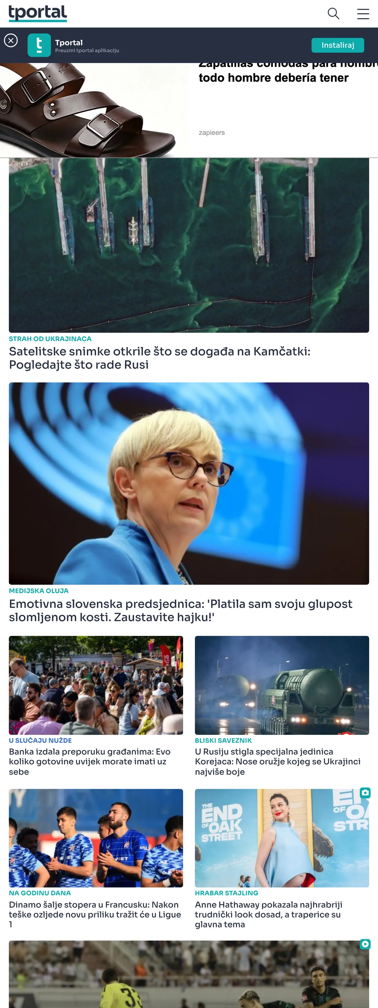 Screenshot of the tportal front page