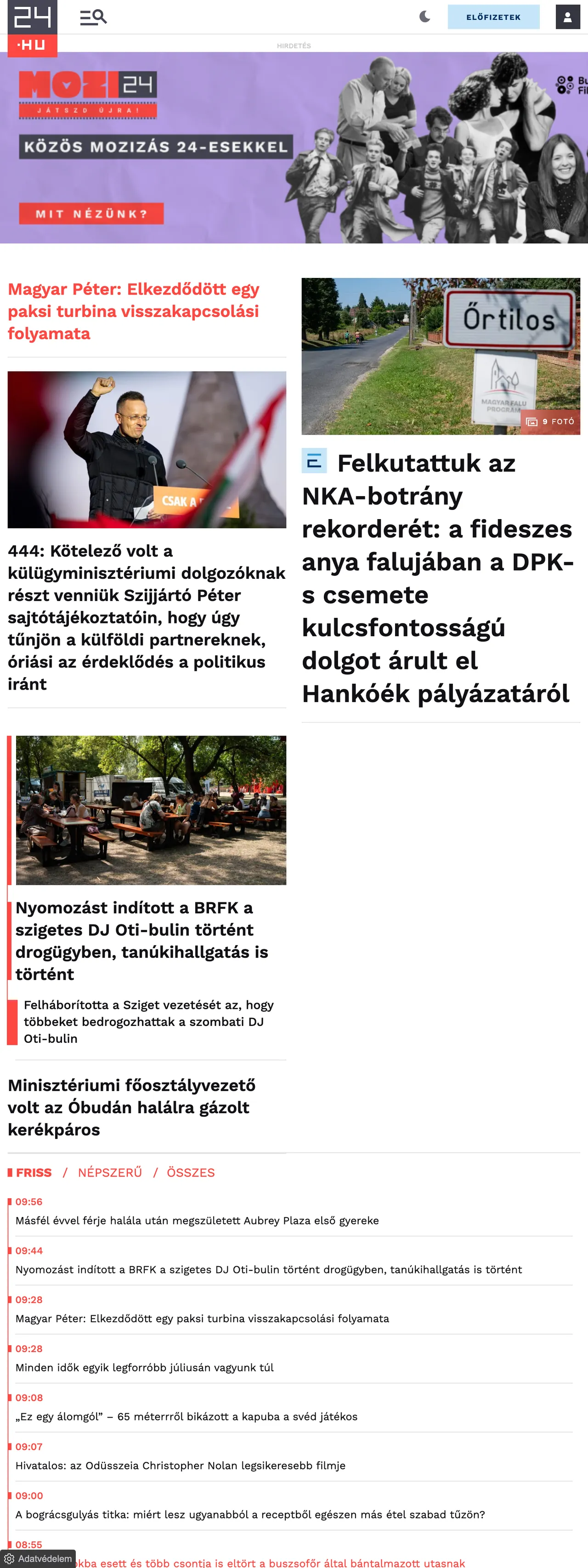 Screenshot of the 24.hu front page