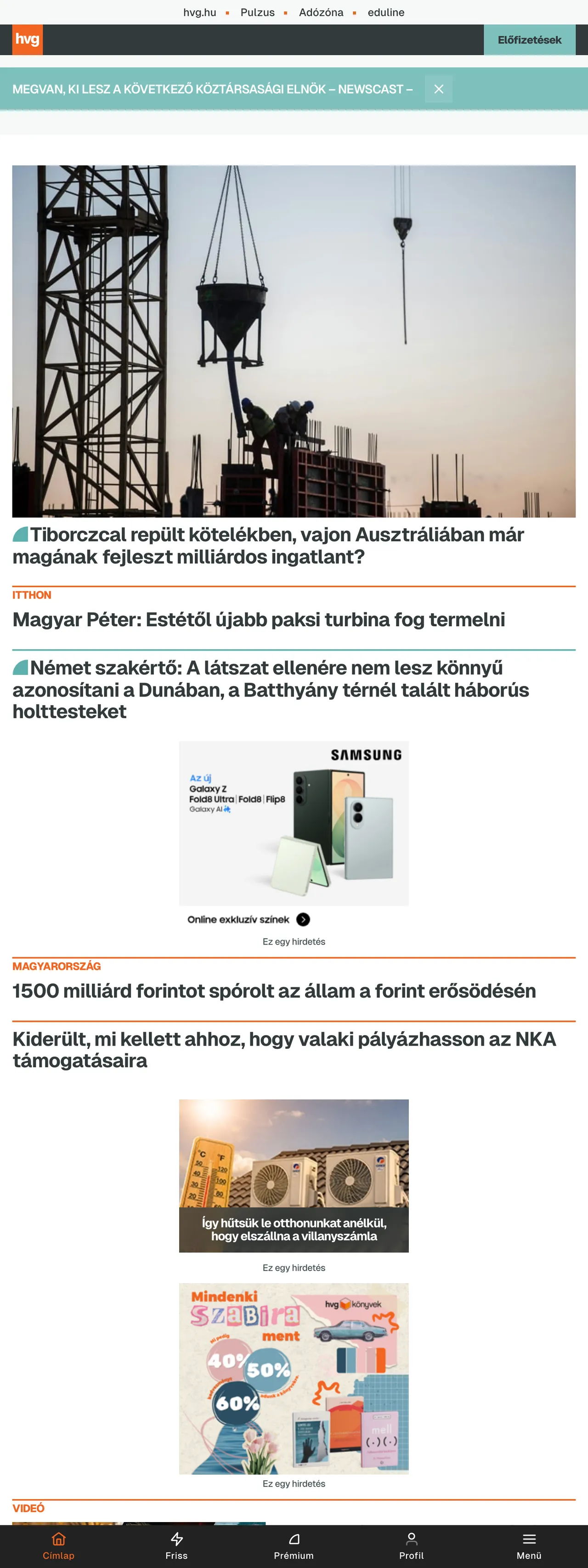 Screenshot of the HVG front page