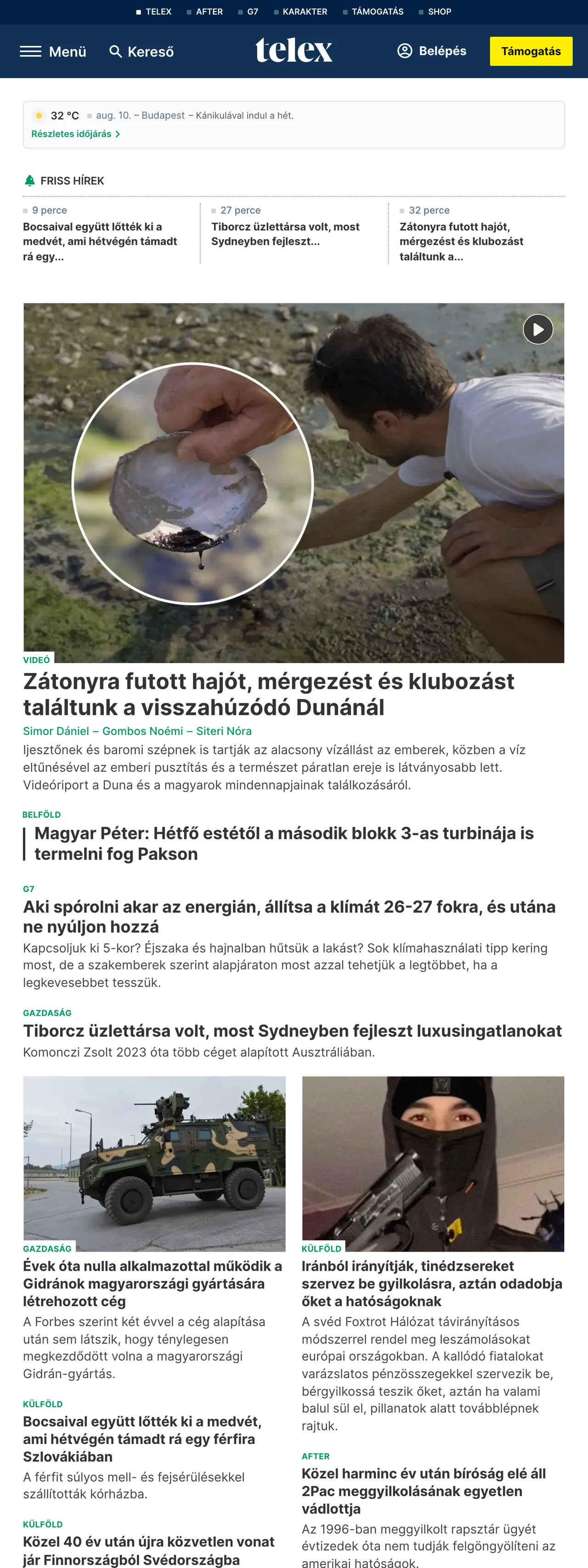 Screenshot of the Telex front page