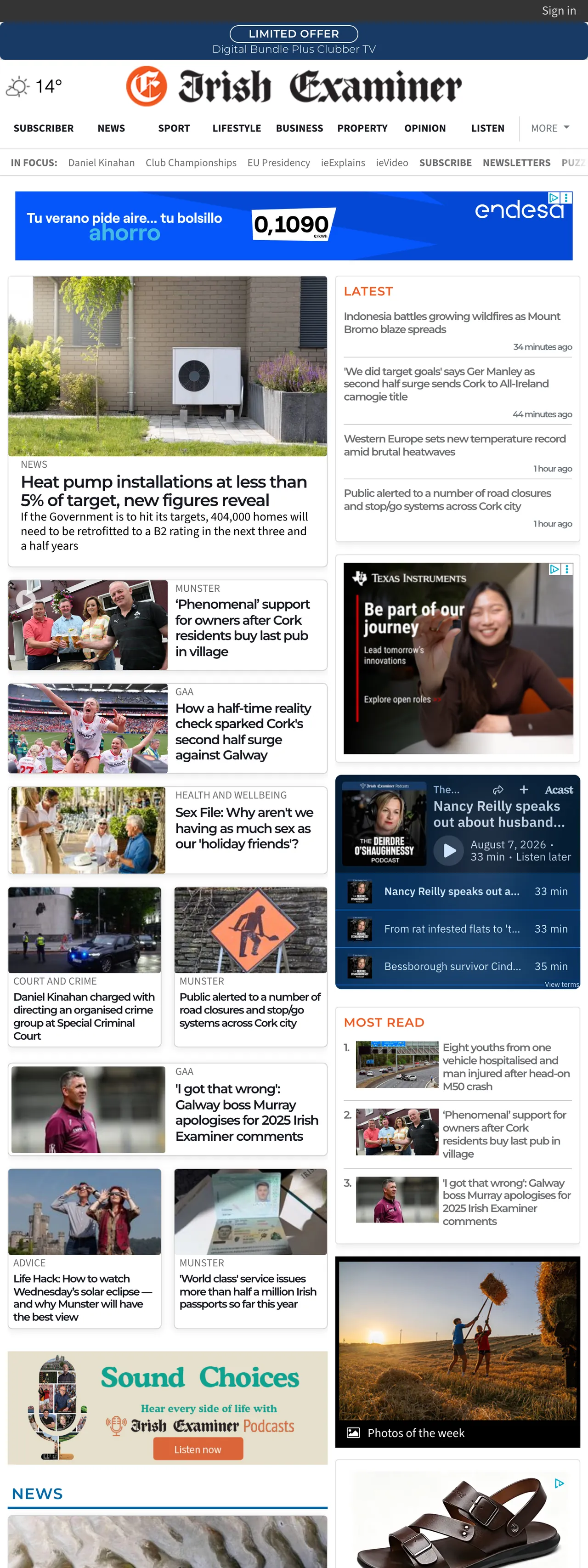 Screenshot of the Irish Examiner front page