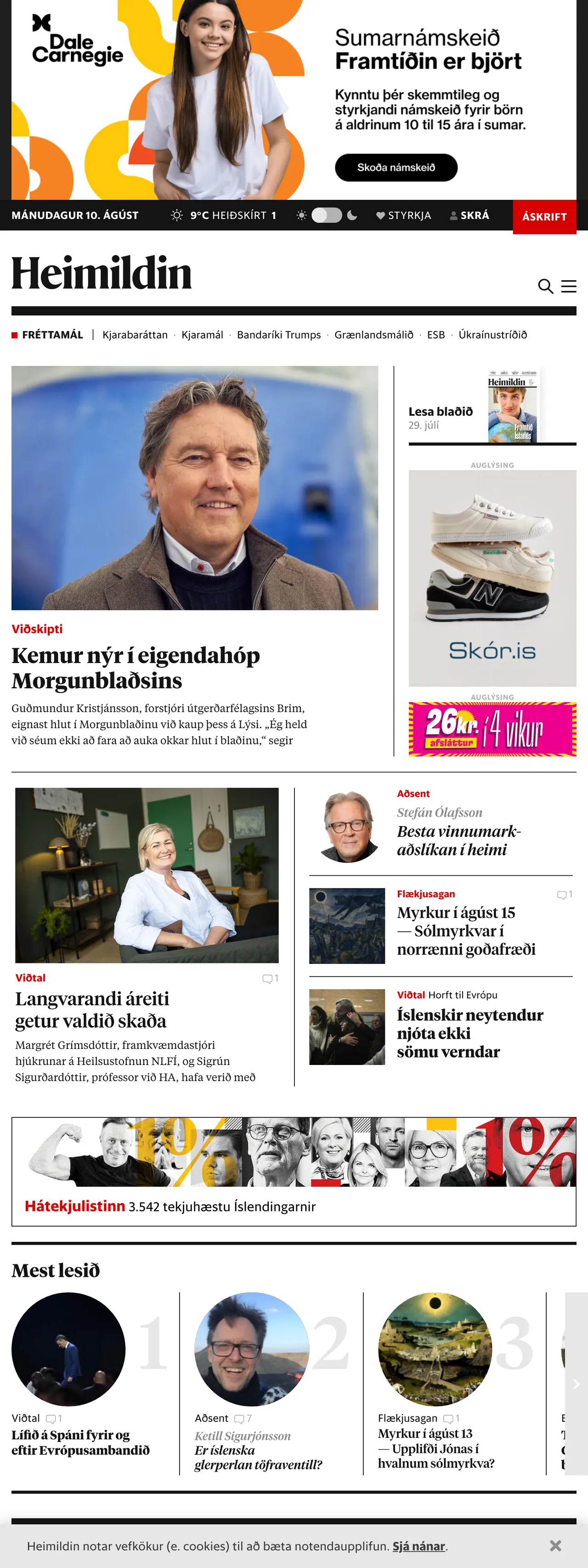 Screenshot of the Heimildin front page