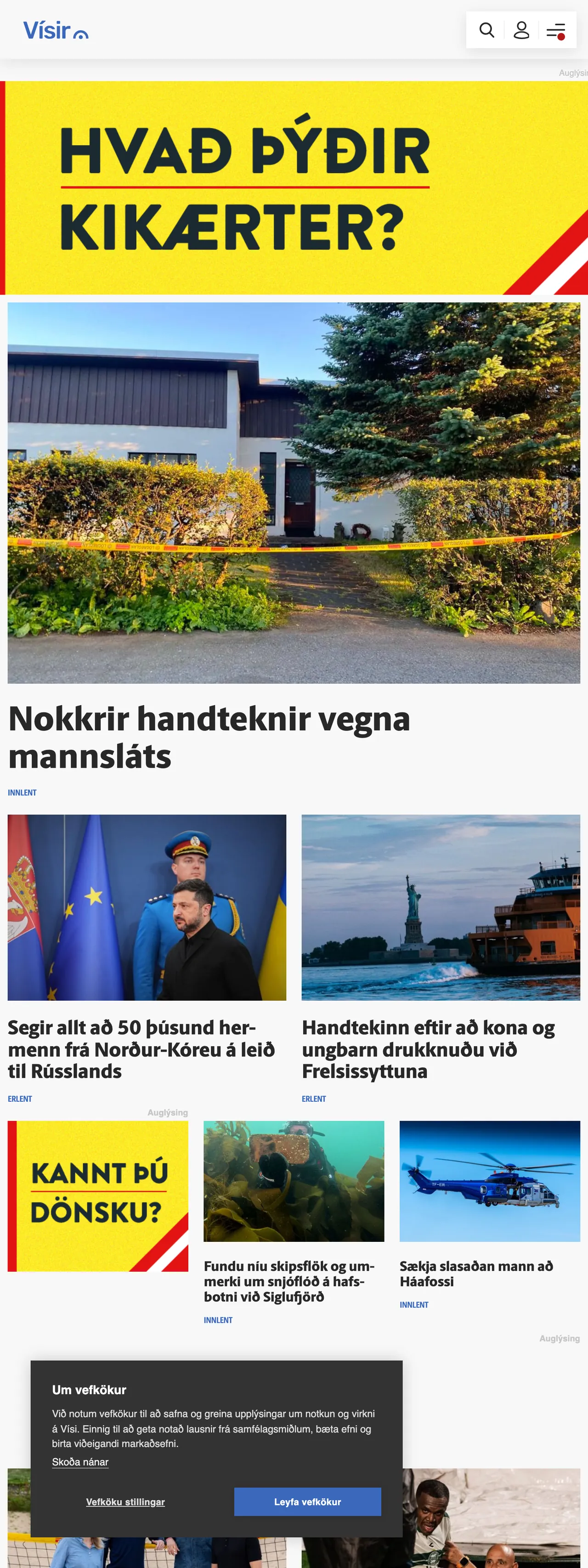 Screenshot of the Vísir front page