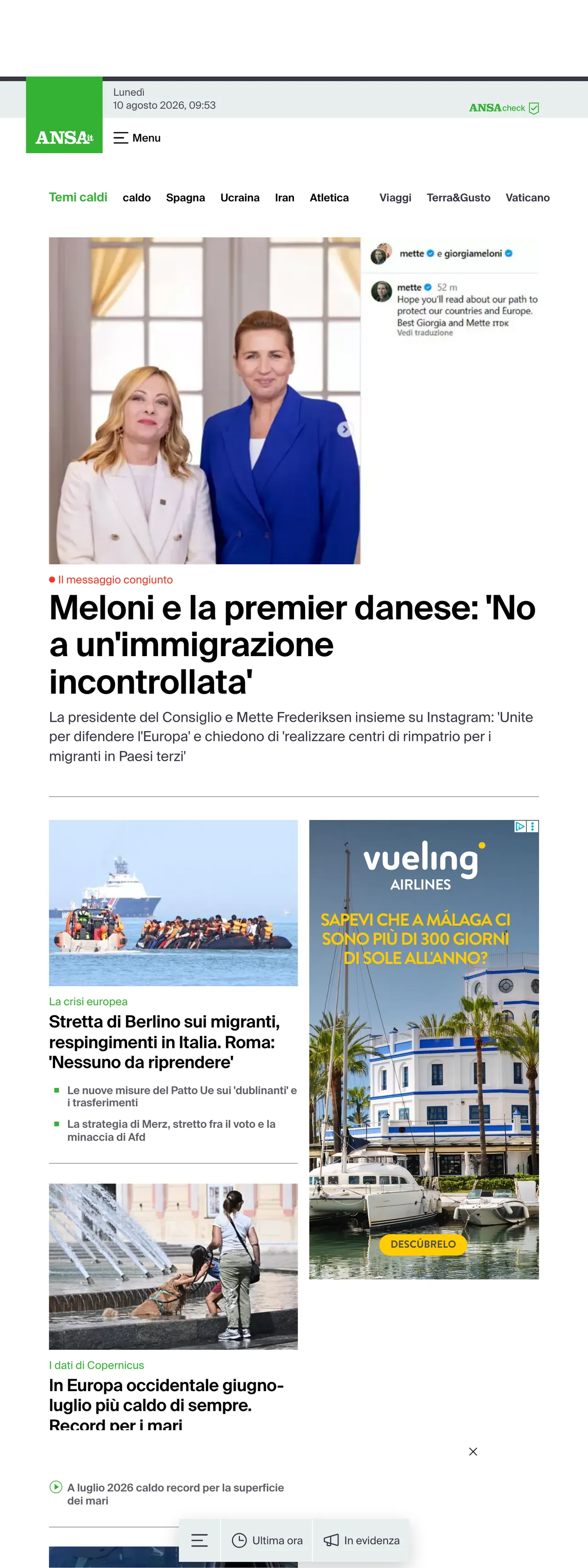 Screenshot of the ANSA front page