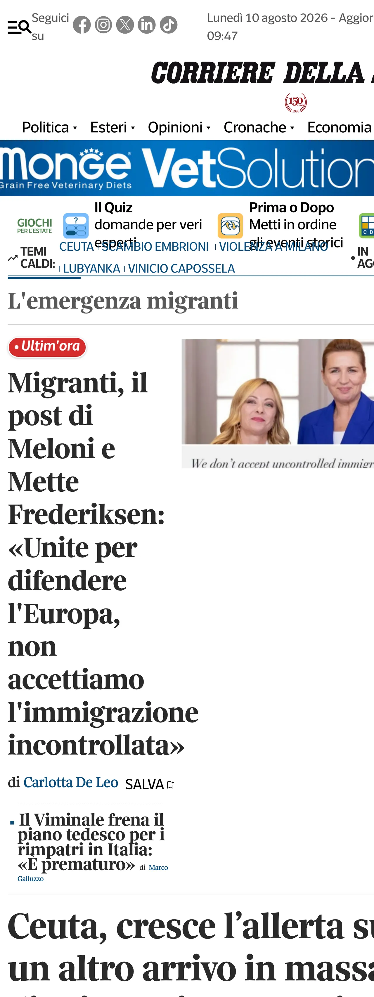 Screenshot of the Corriere della Sera front page