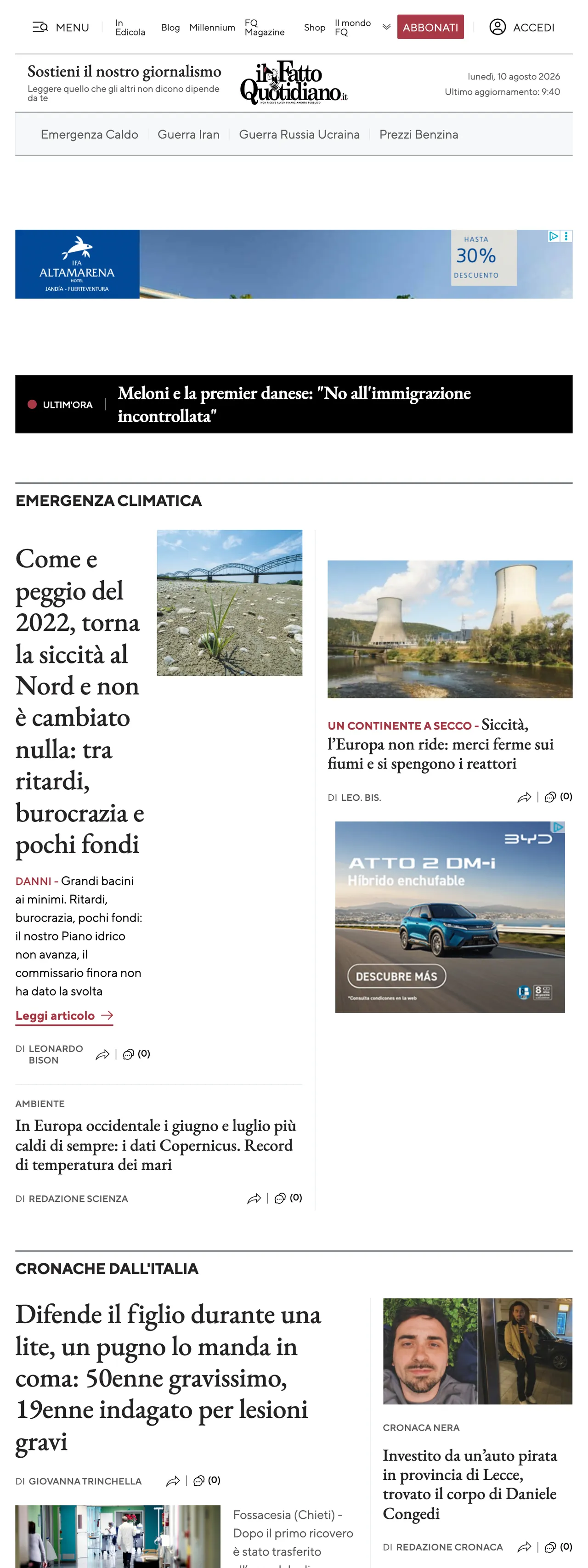 Screenshot of the Il Fatto Quotidiano front page