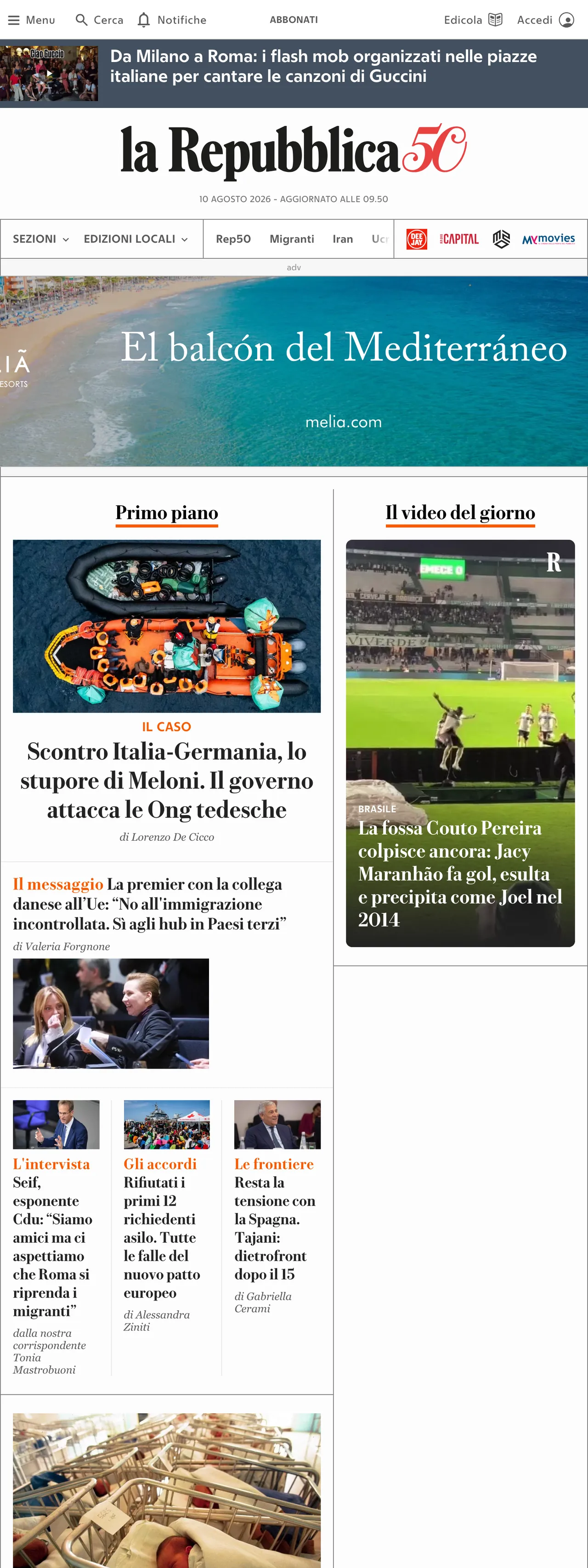 Screenshot of the la Repubblica front page