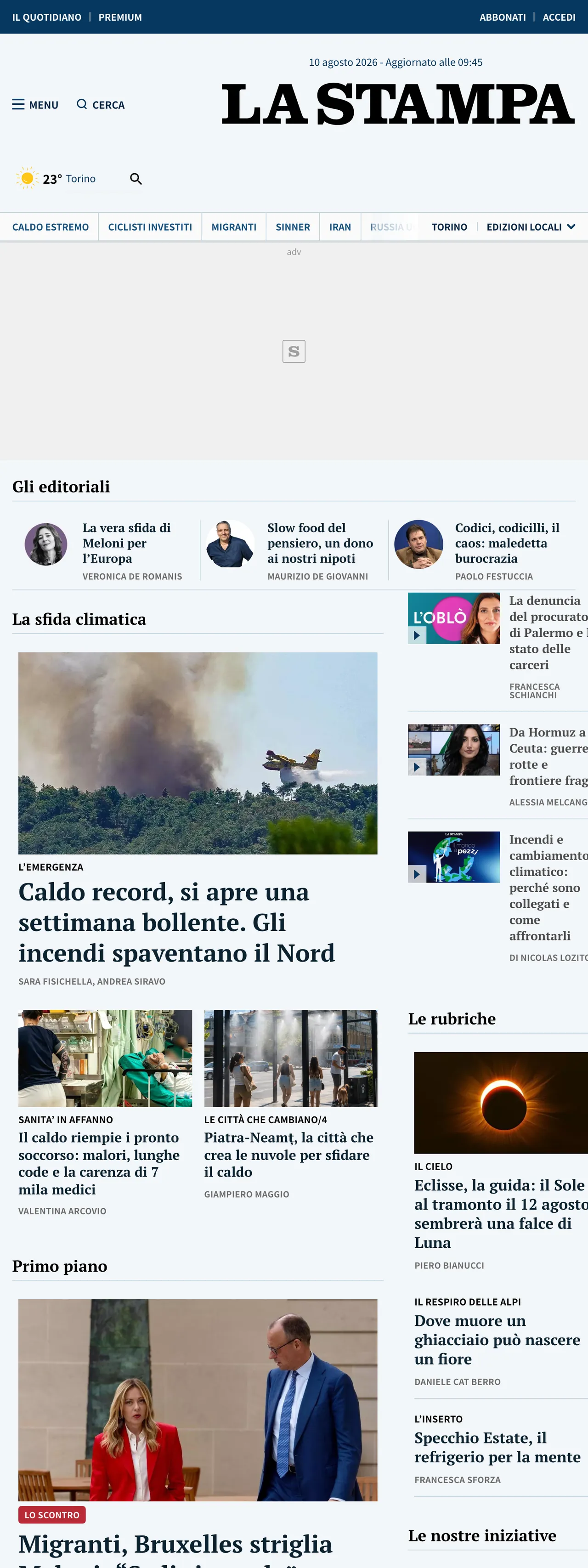 Screenshot of the La Stampa front page