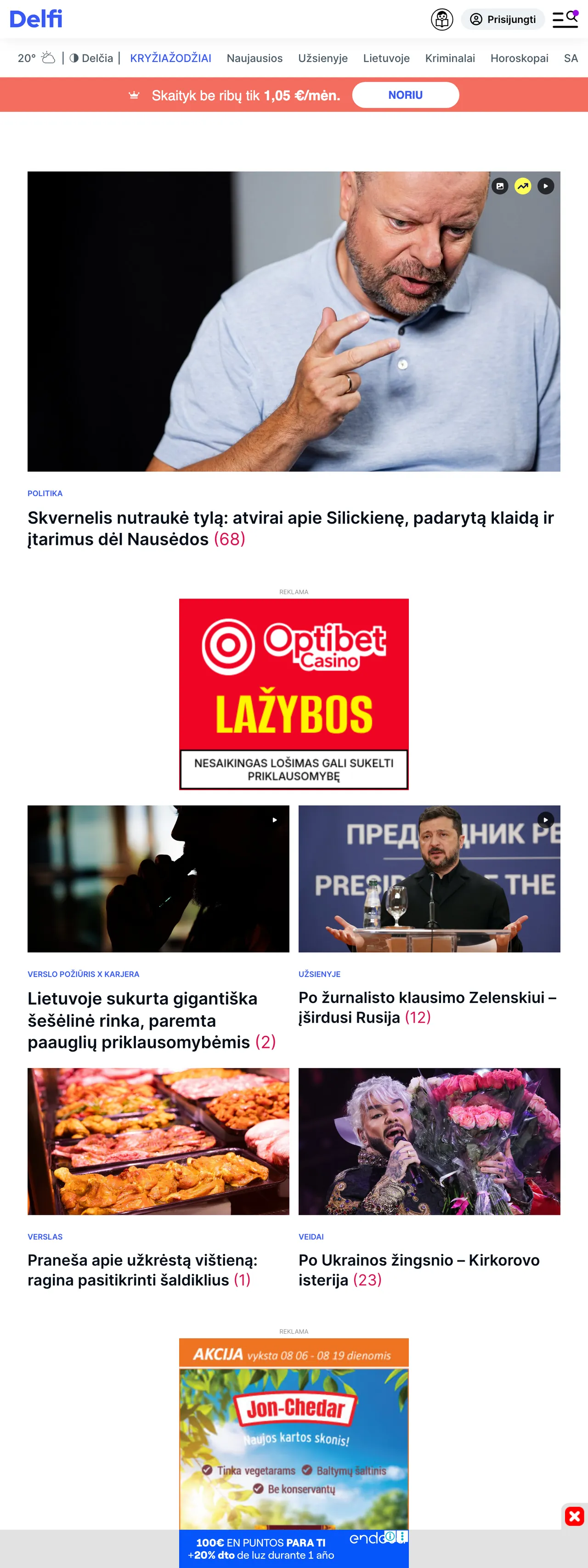 Screenshot of the Delfi front page