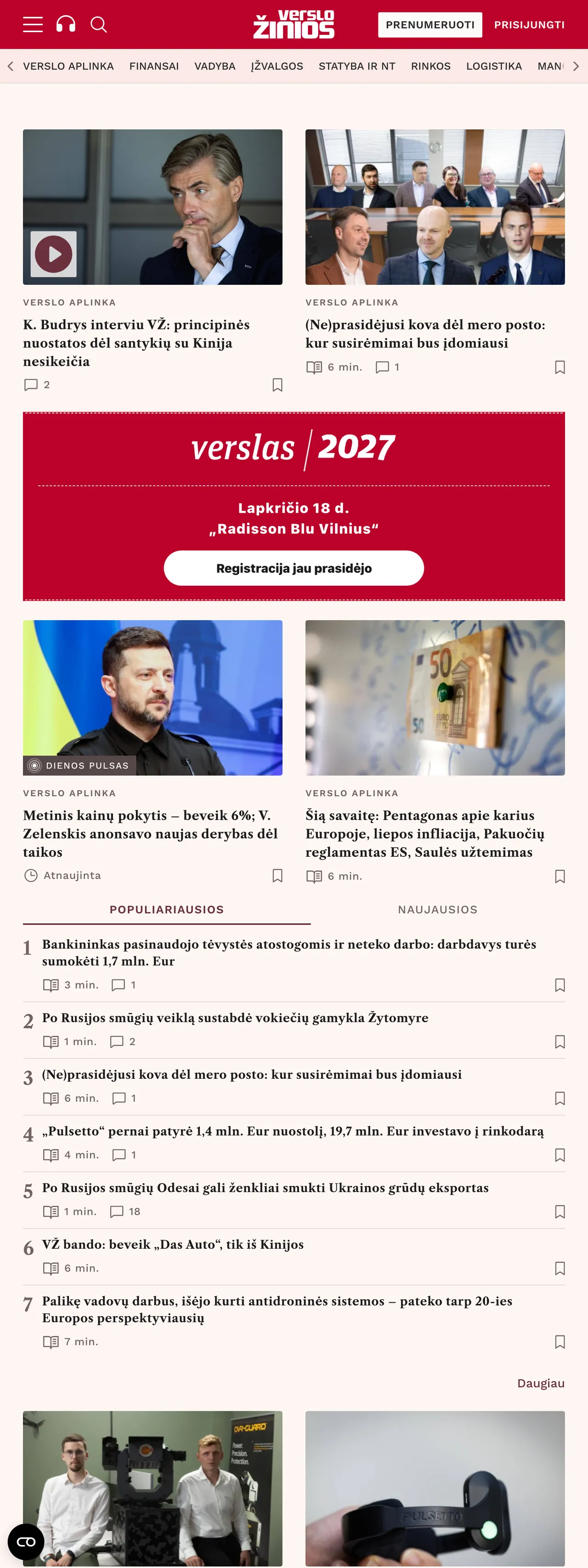 Screenshot of the Verslo žinios front page