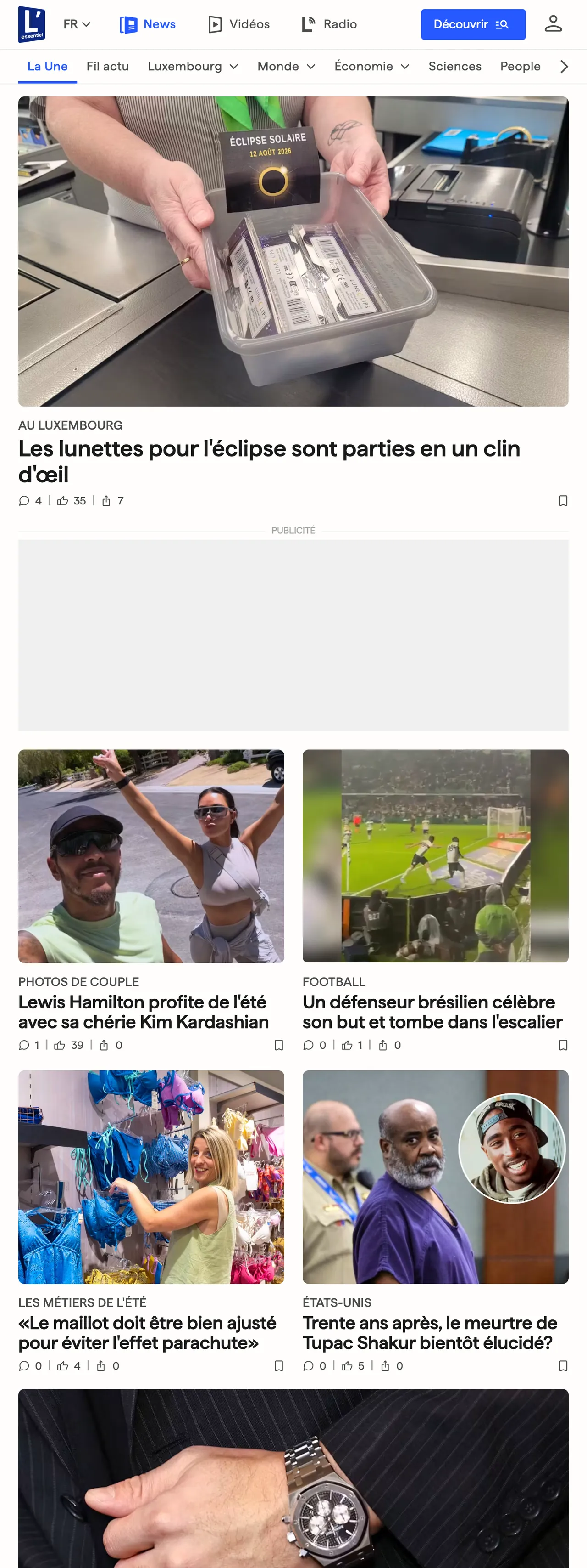 Screenshot of the L'essentiel front page