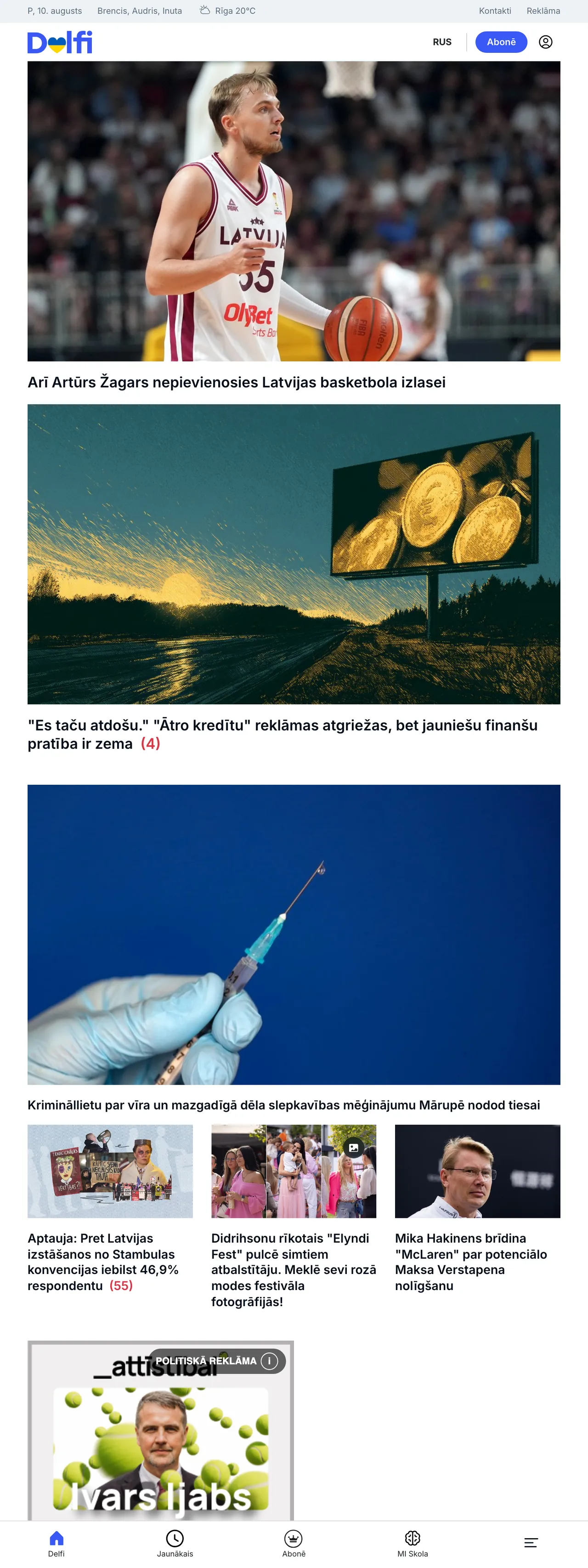 Screenshot of the Delfi front page