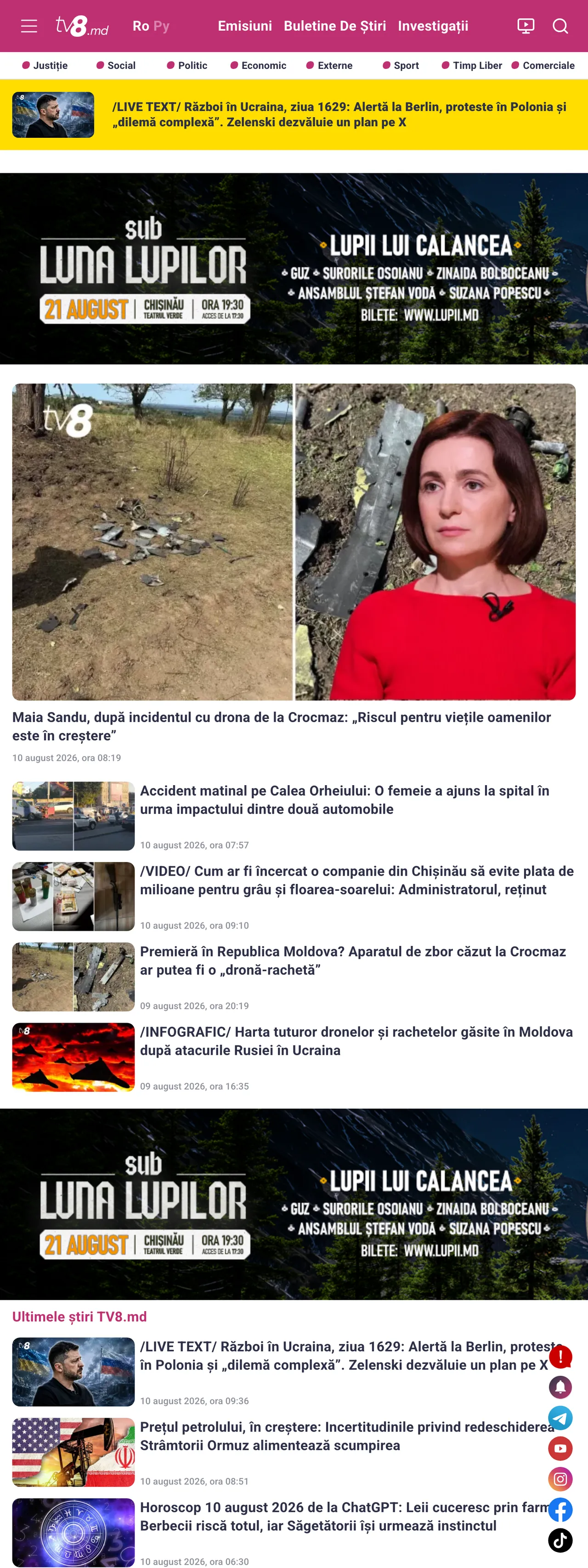 Screenshot of the TV8 front page