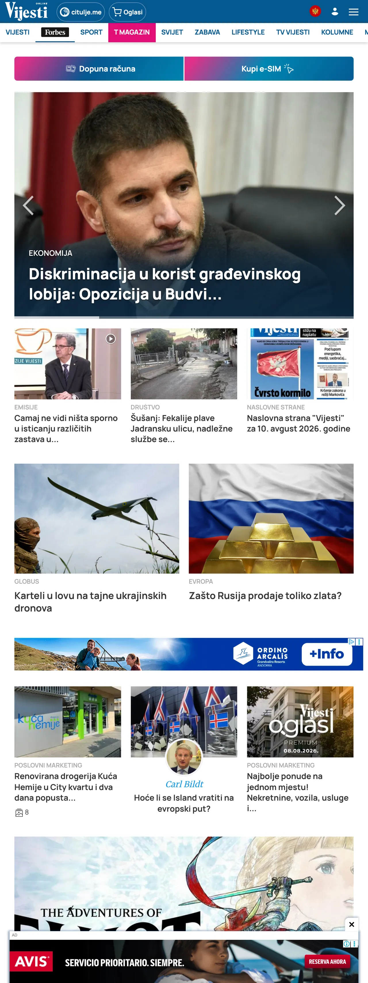 Screenshot of the Vijesti front page