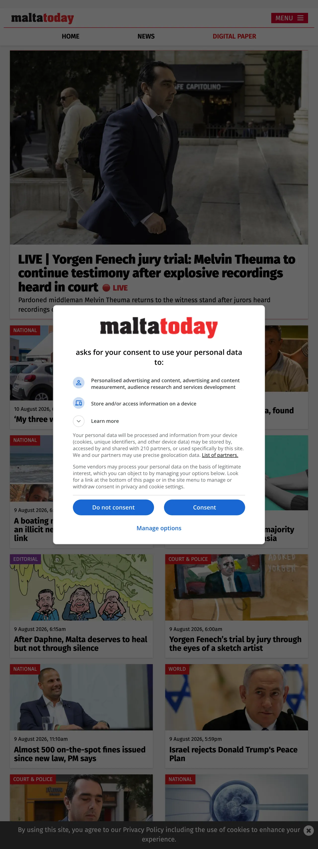 Screenshot of the Malta Today front page