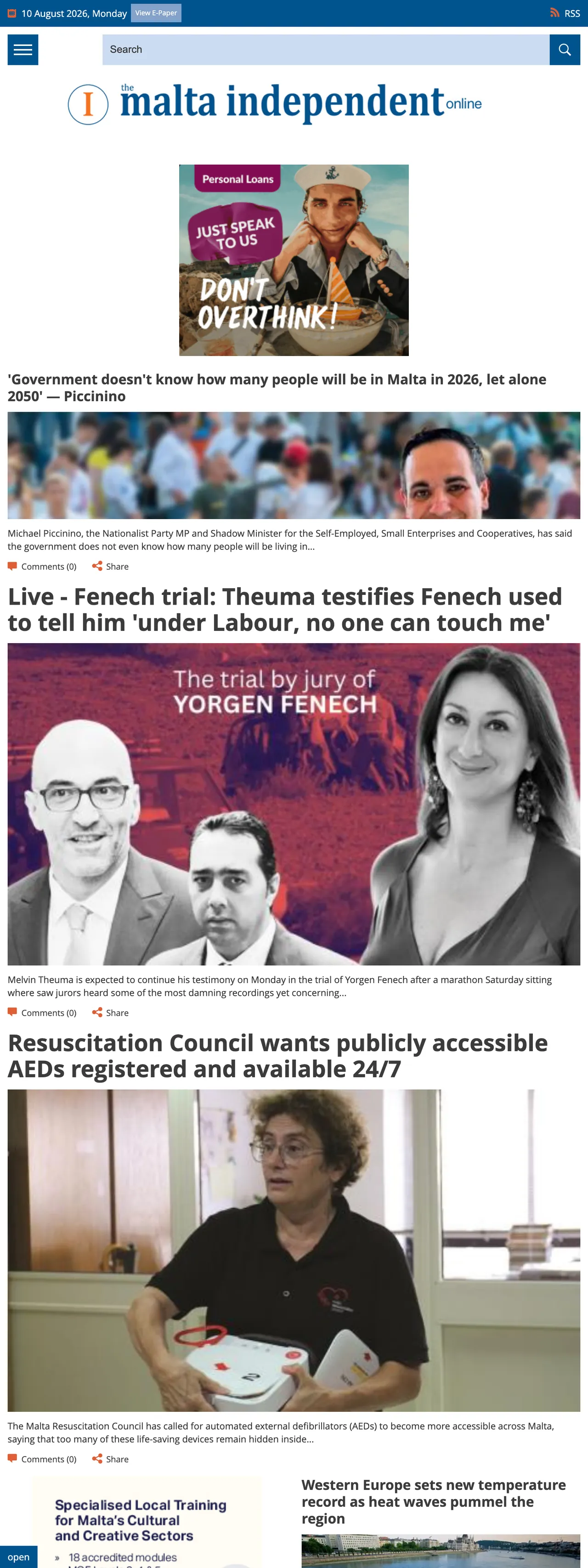 Screenshot of the The Malta Independent front page