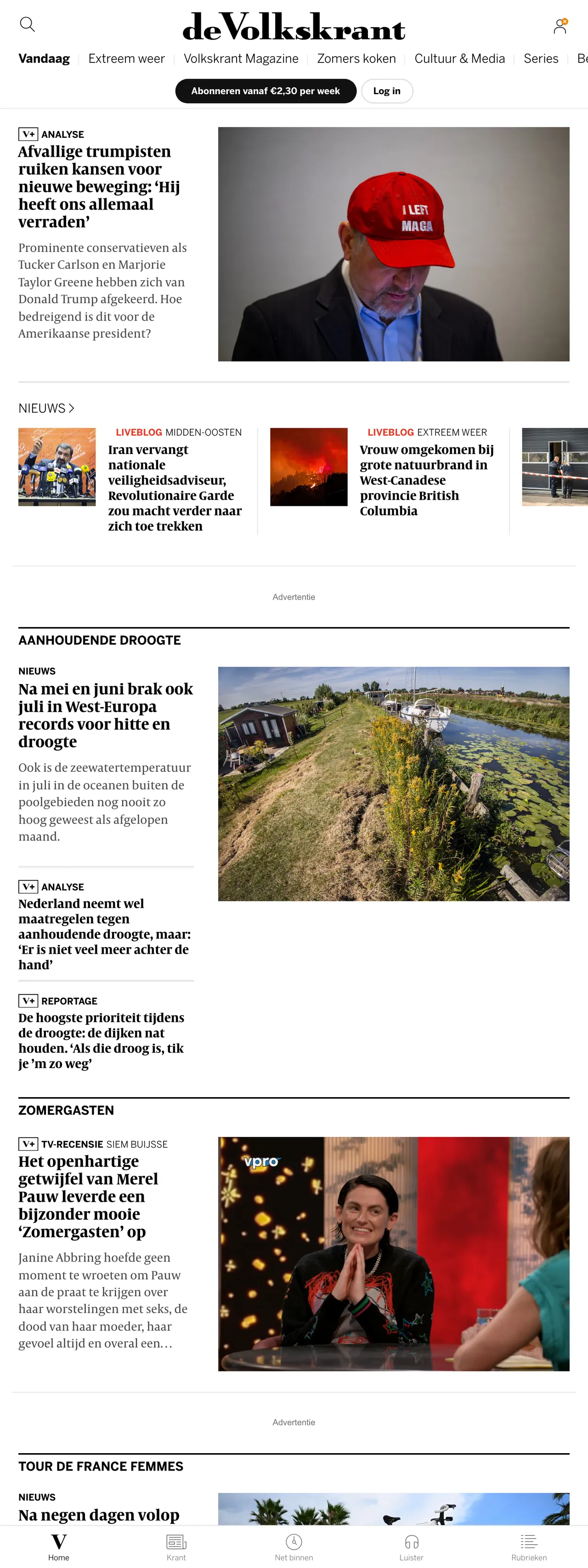 Screenshot of the de Volkskrant front page