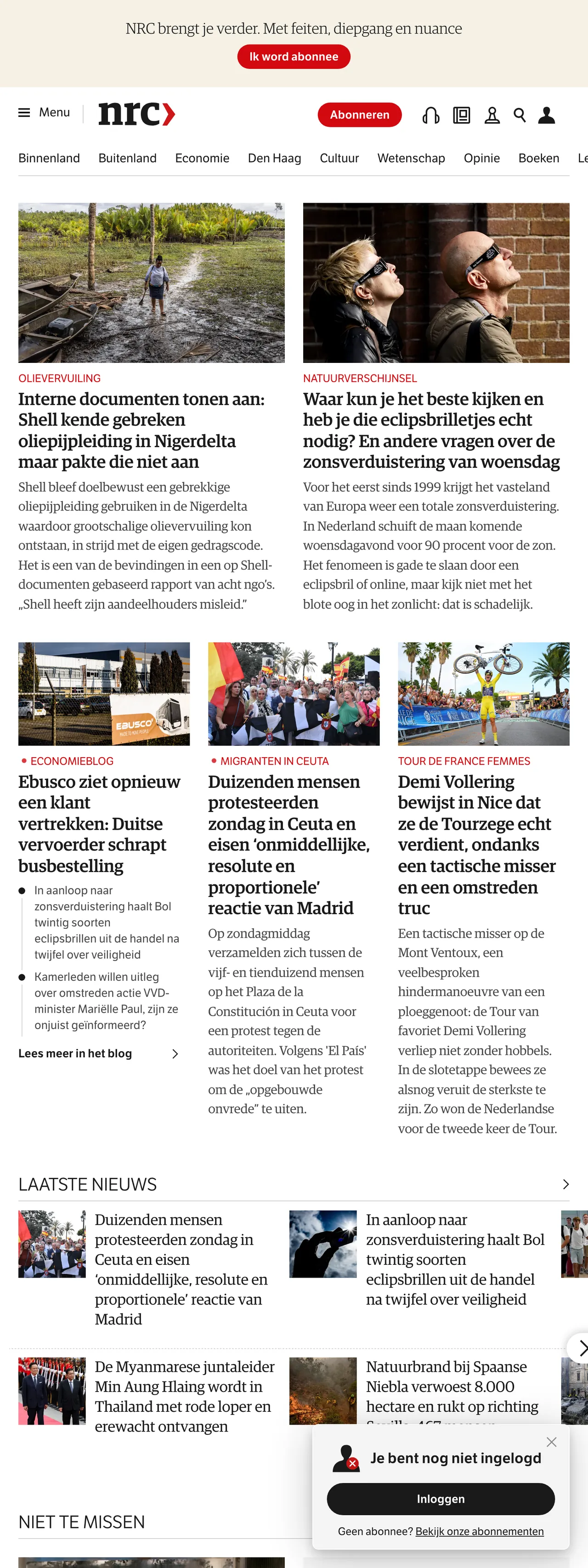 Screenshot of the NRC front page