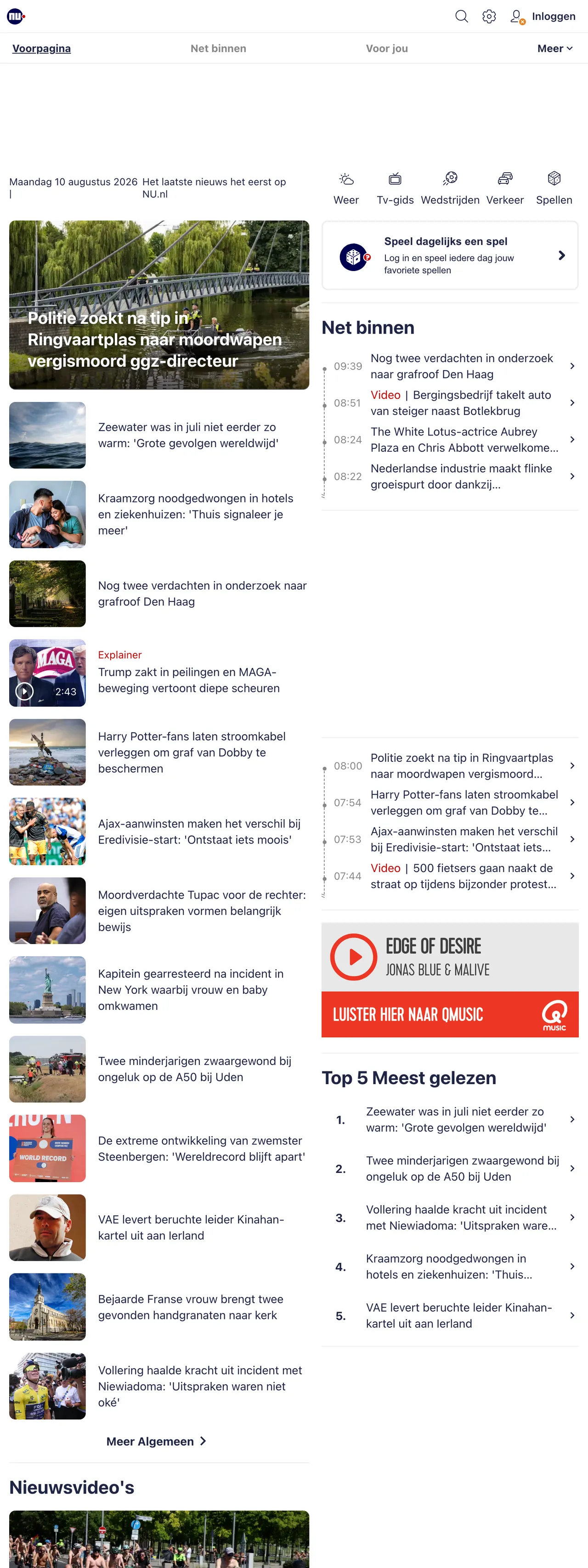 Screenshot of the NU.nl front page