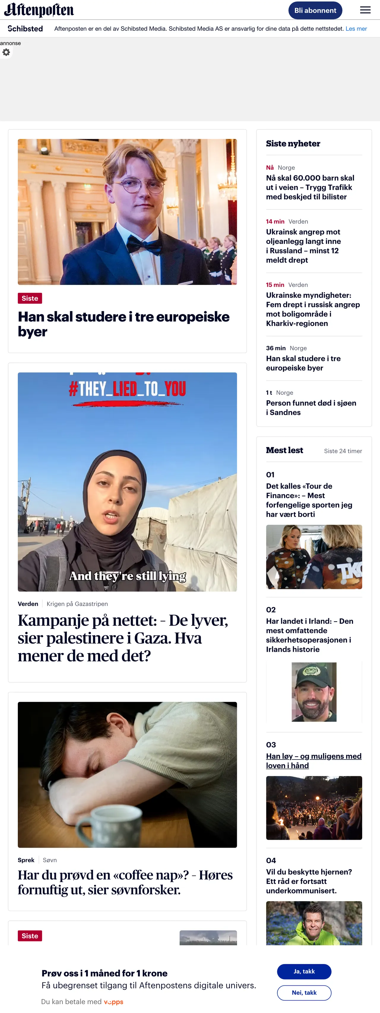 Screenshot of the Aftenposten front page