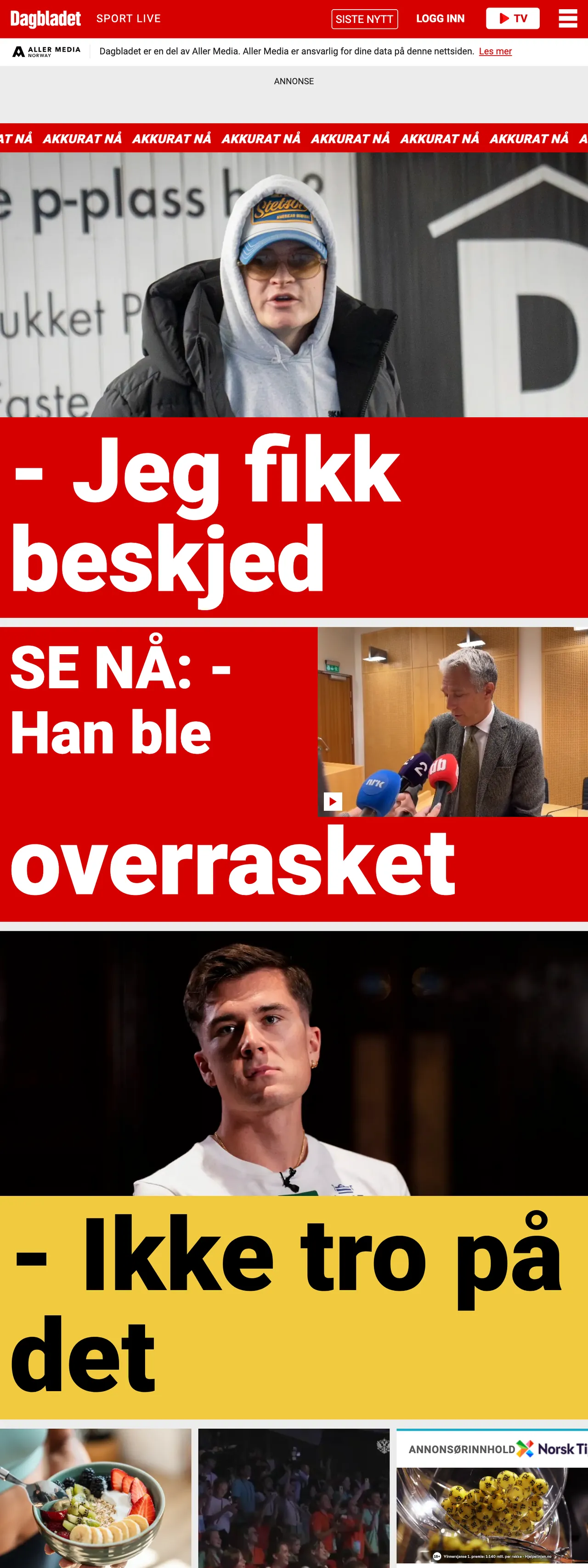 Screenshot of the Dagbladet front page