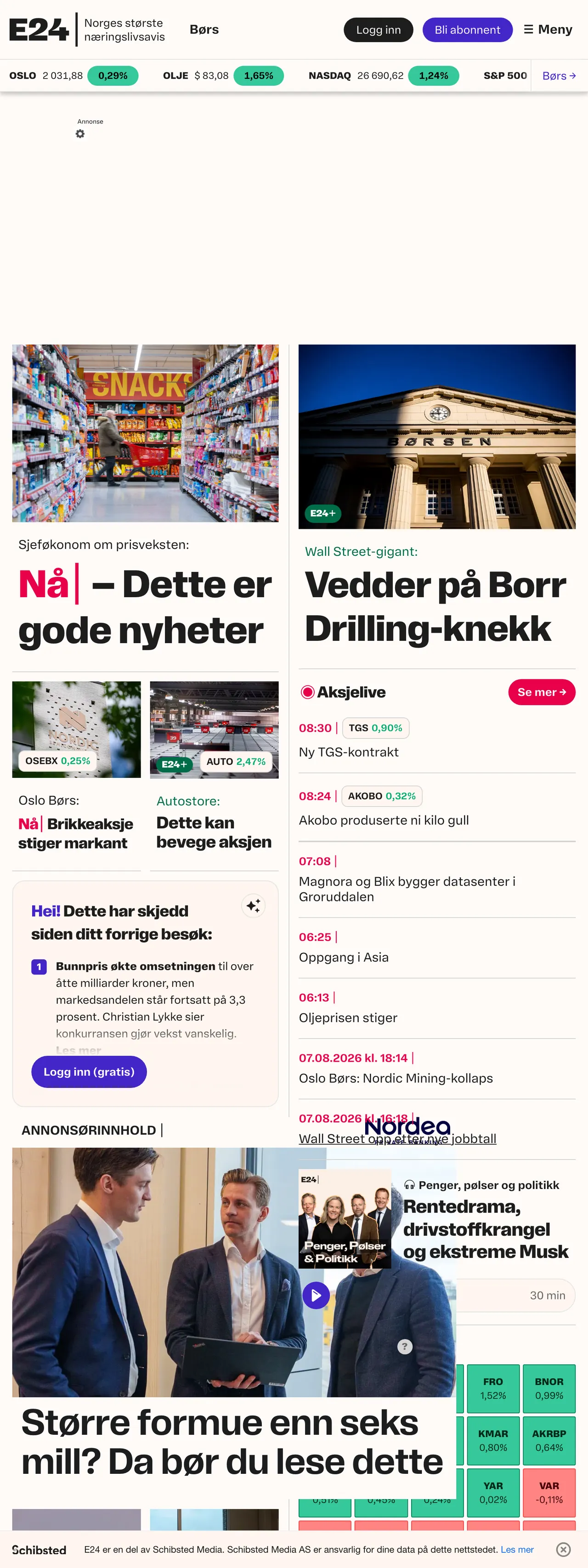 Screenshot of the E24 front page