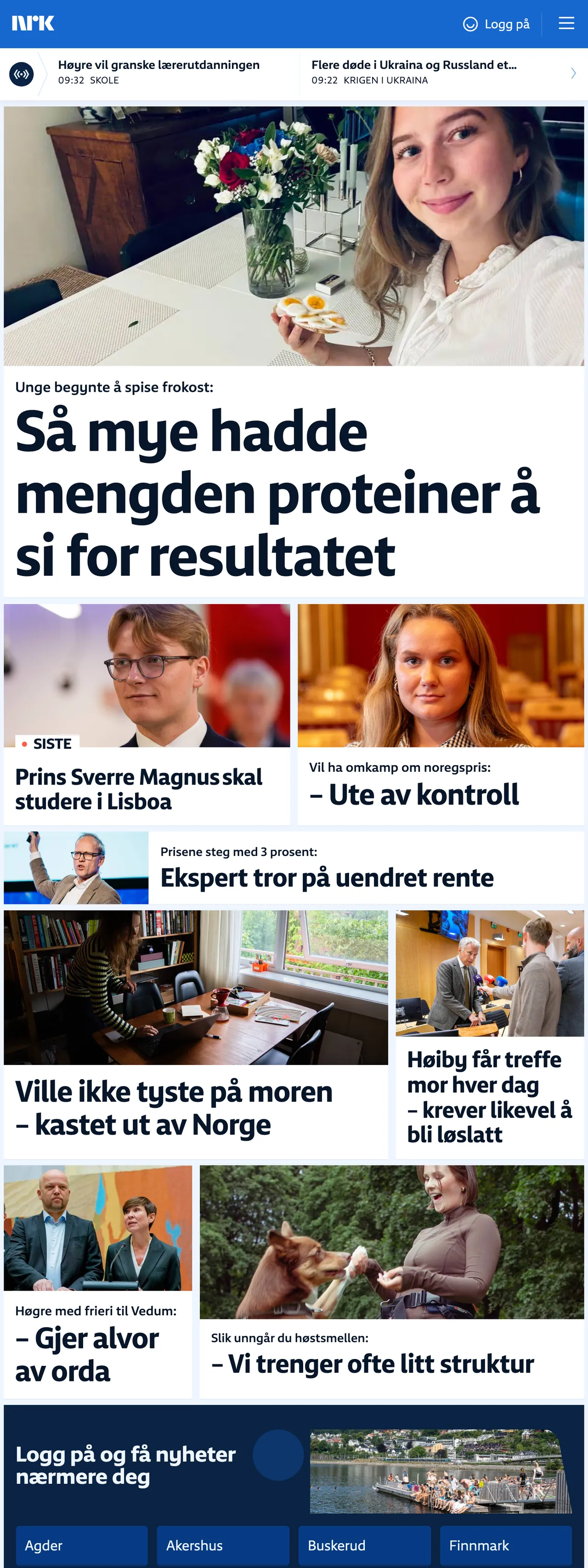 Screenshot of the NRK front page