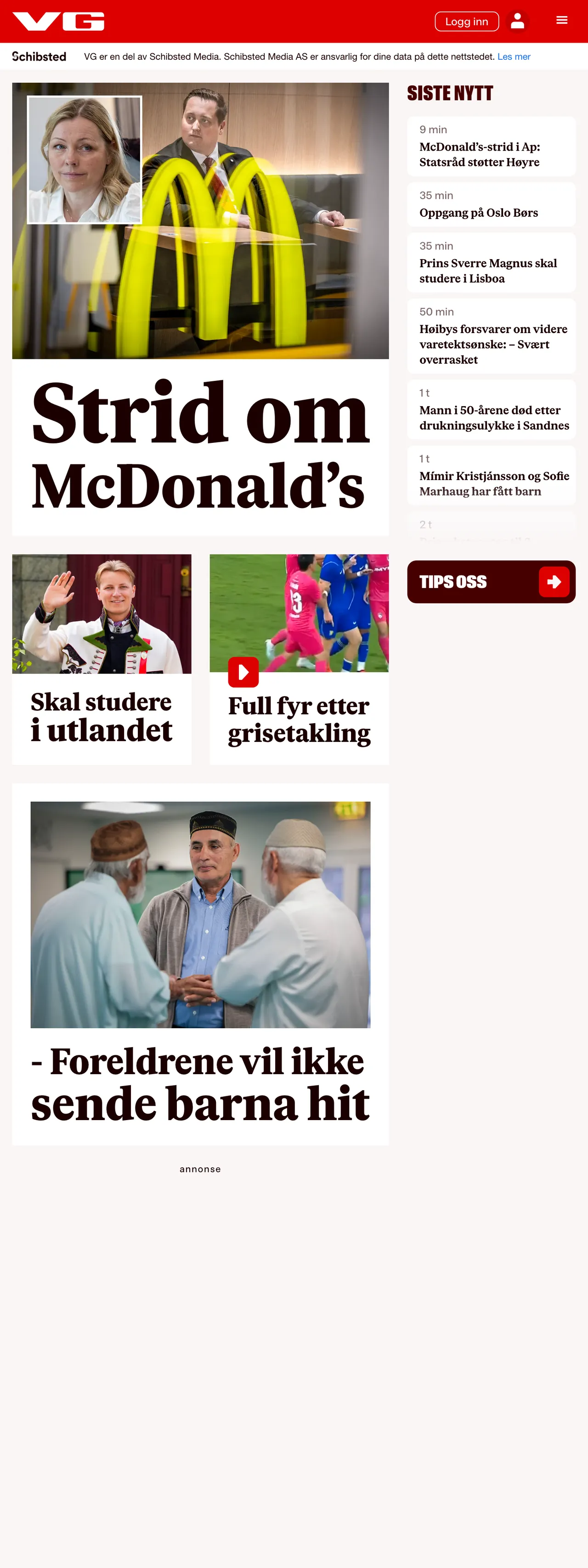Screenshot of the VG front page