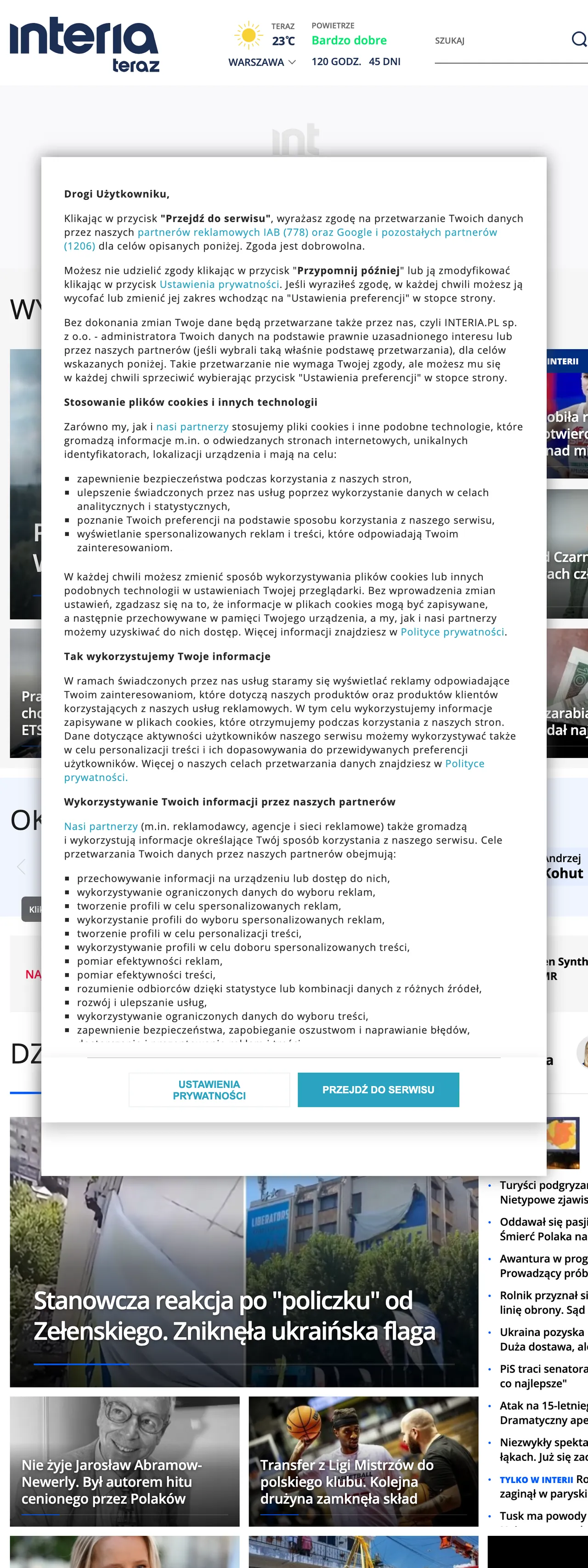 Screenshot of the Interia front page