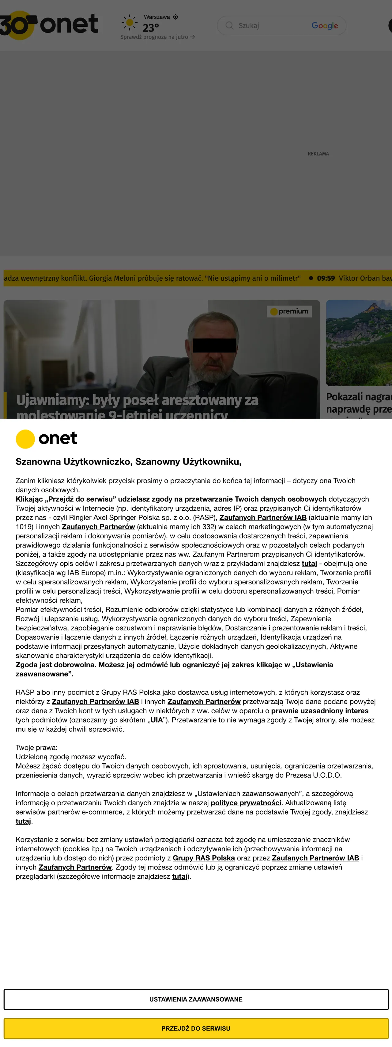 Screenshot of the Onet front page