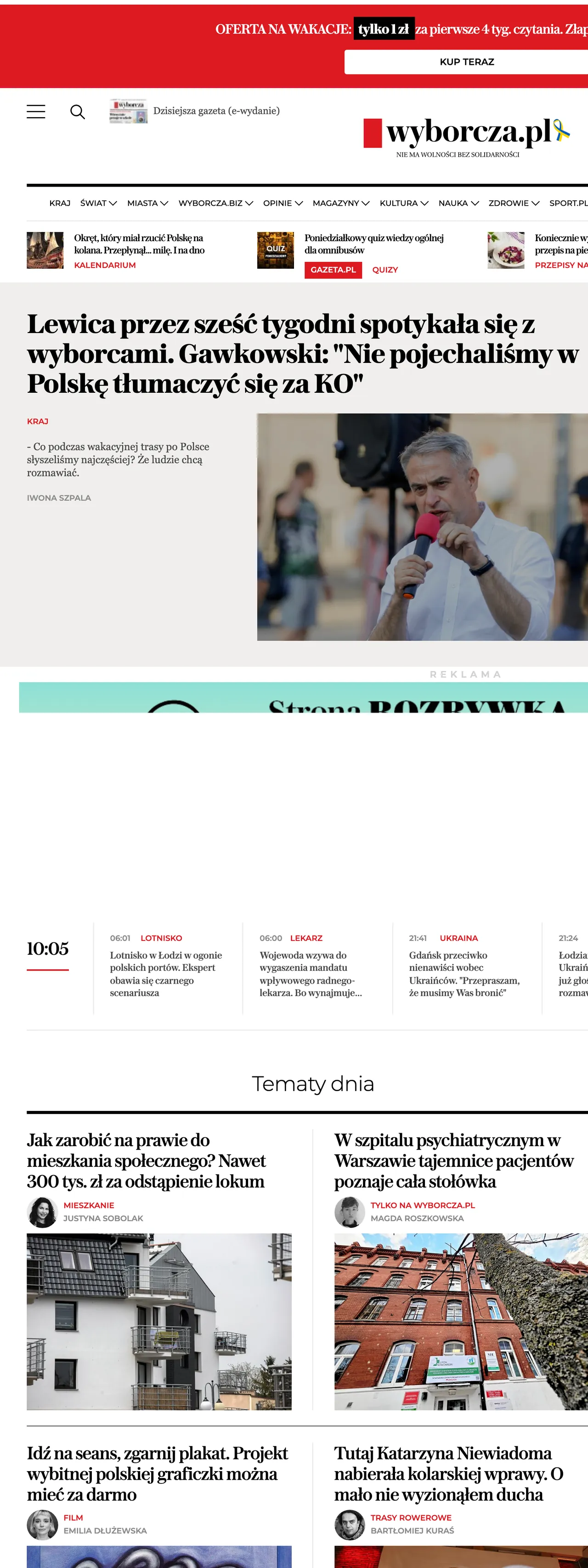 Screenshot of the Wyborcza front page
