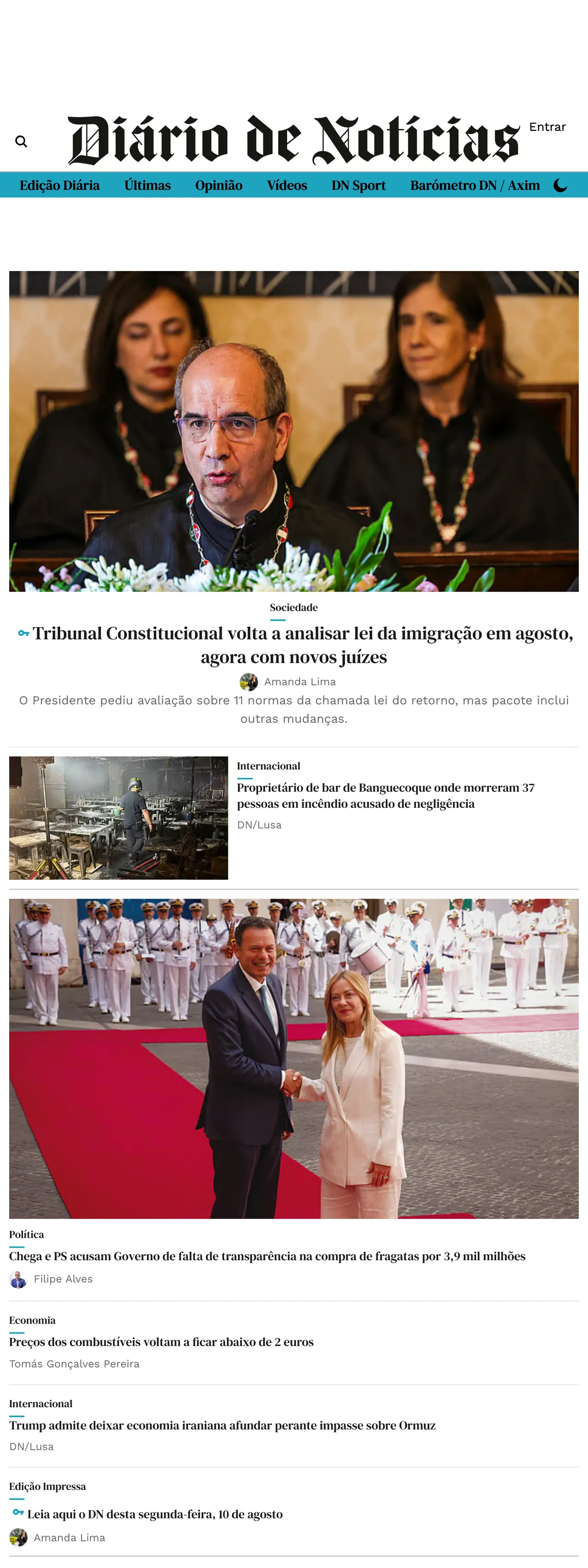 Screenshot of the Diário de Notícias front page