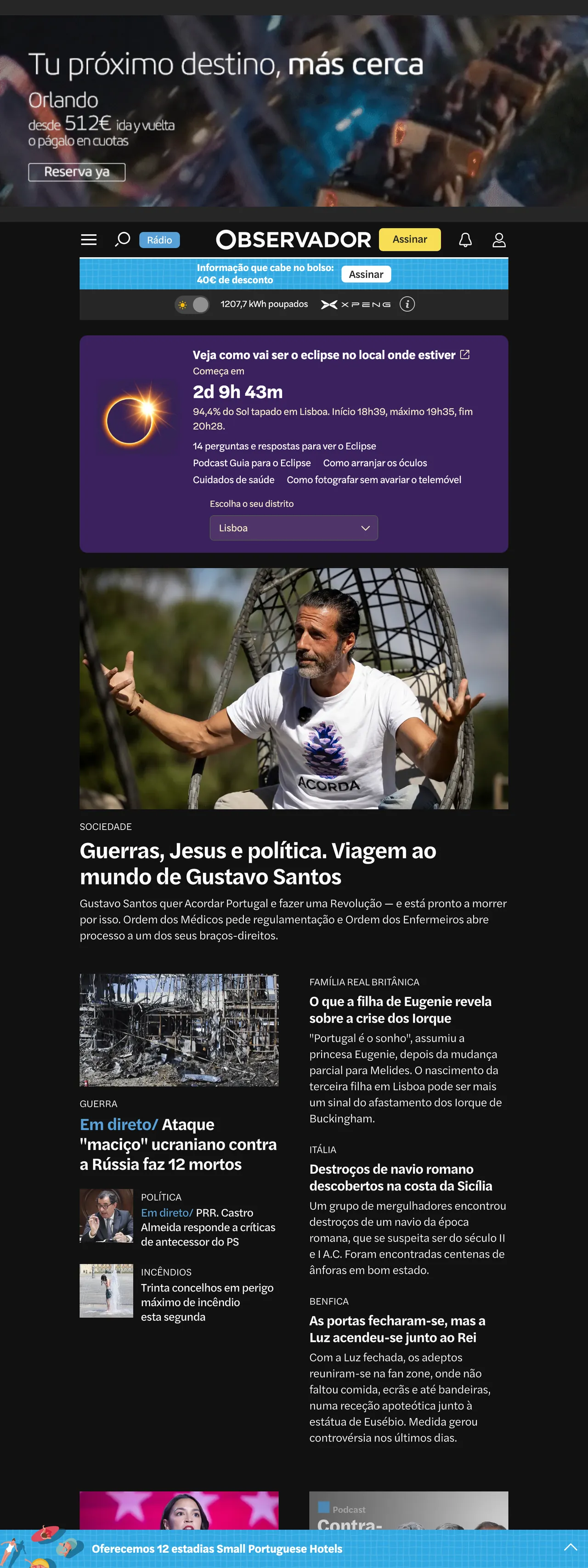 Screenshot of the Observador front page
