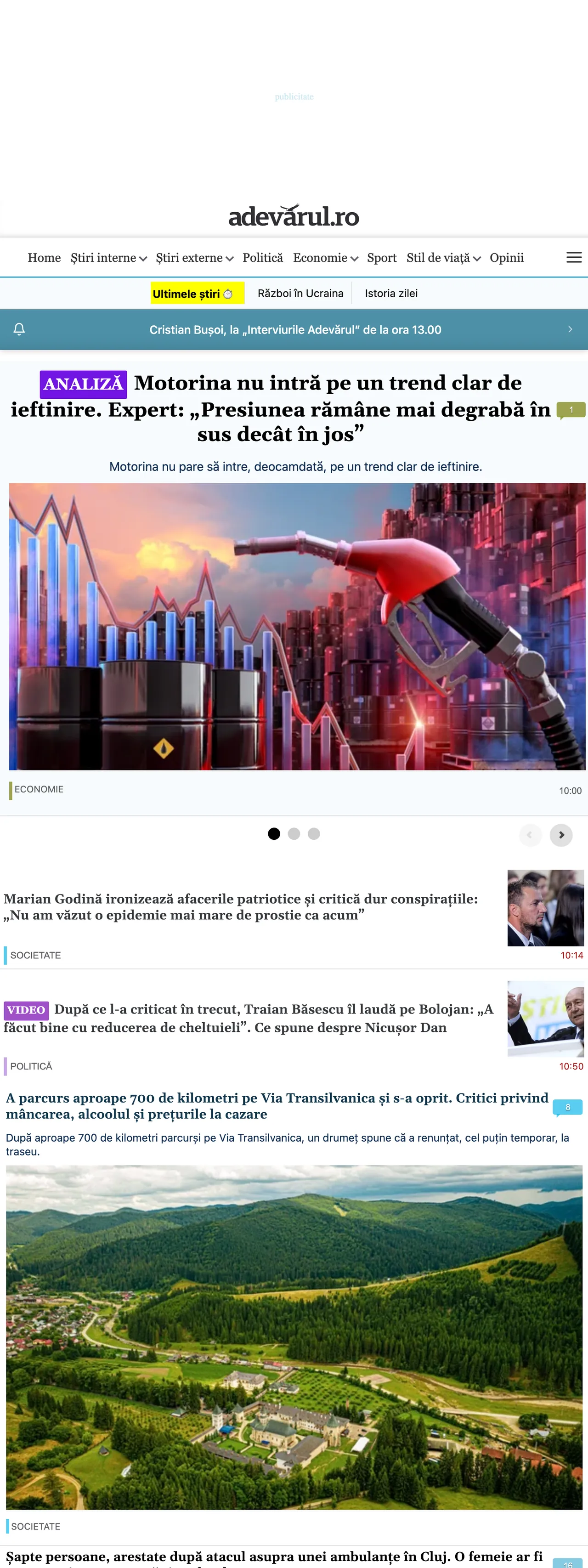 Screenshot of the Adevărul front page
