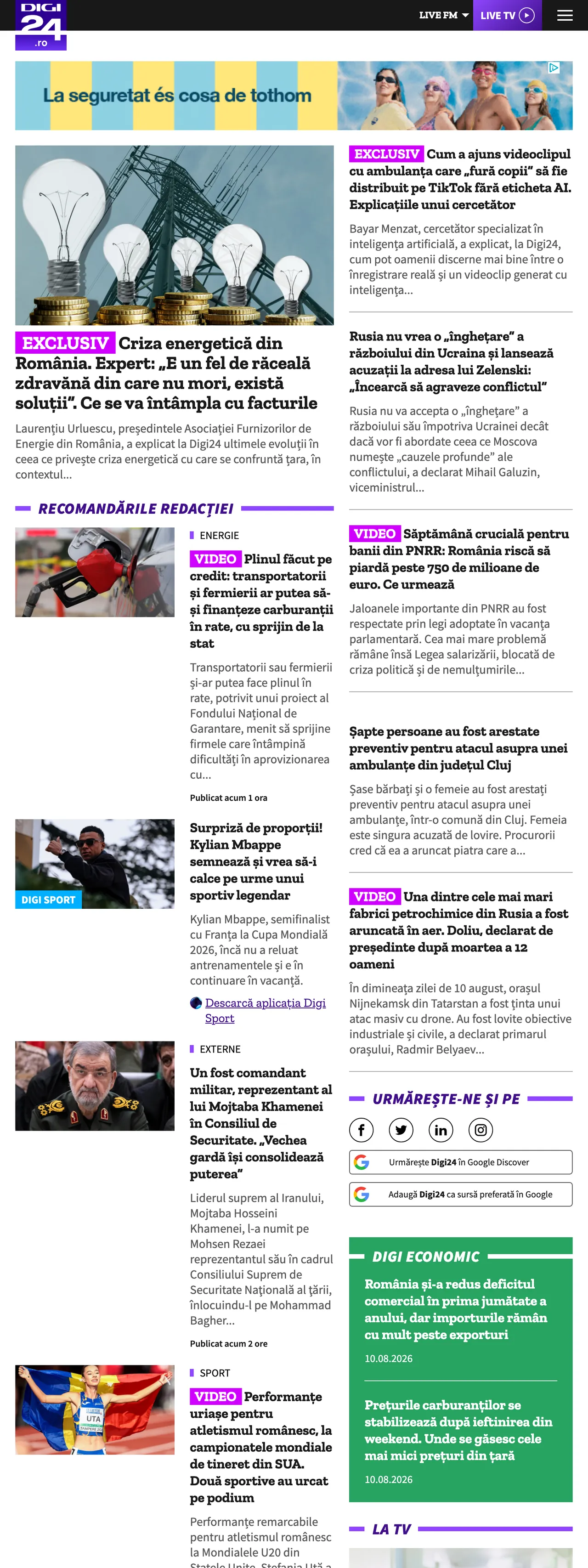 Screenshot of the Digi24 front page
