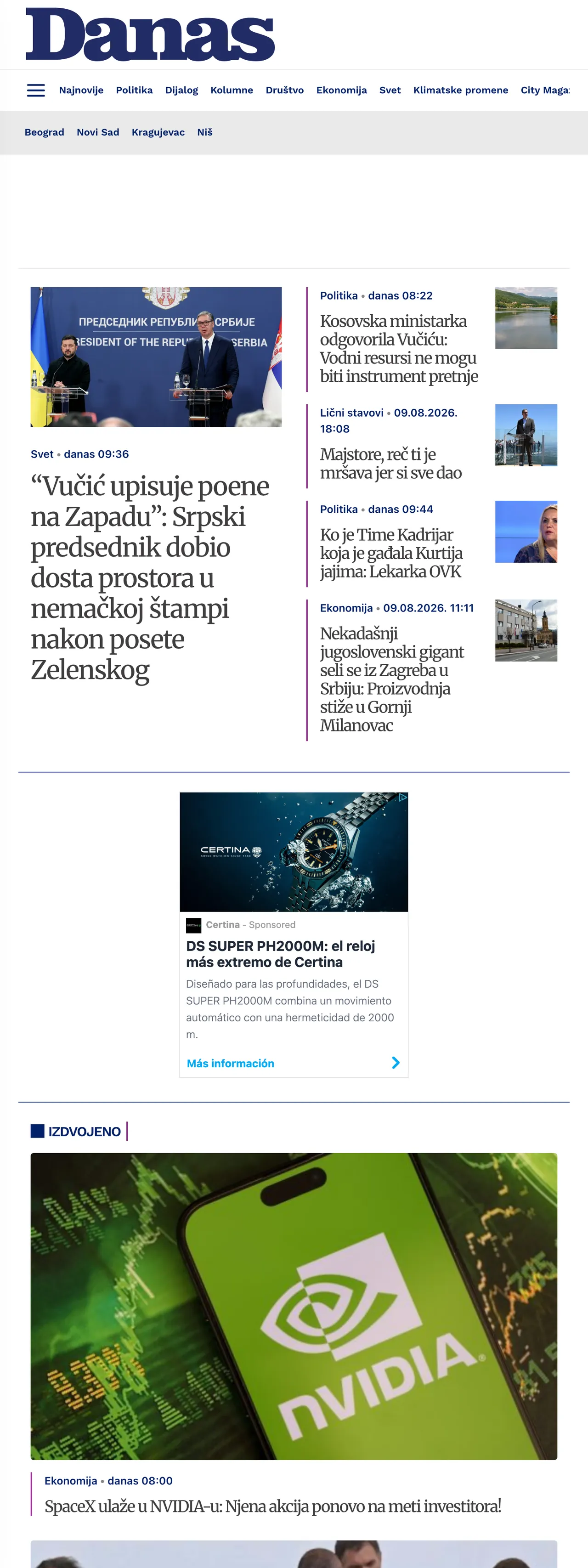 Screenshot of the Danas front page