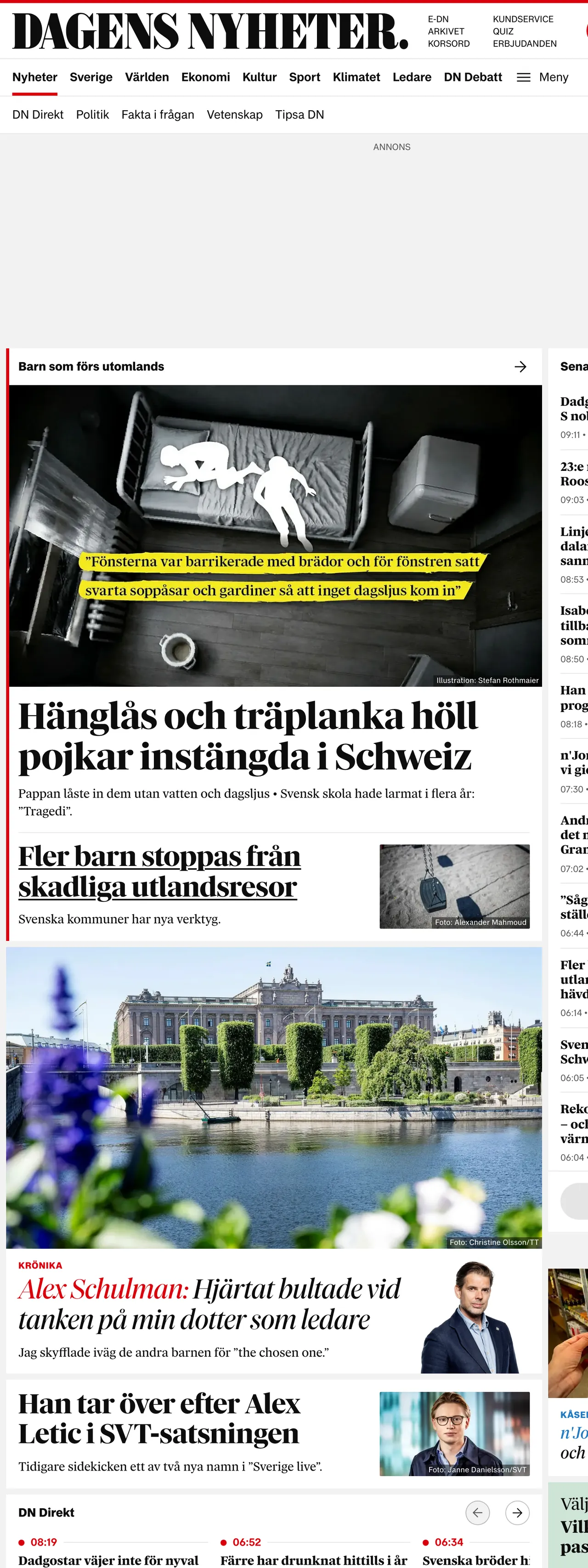 Screenshot of the Dagens Nyheter front page